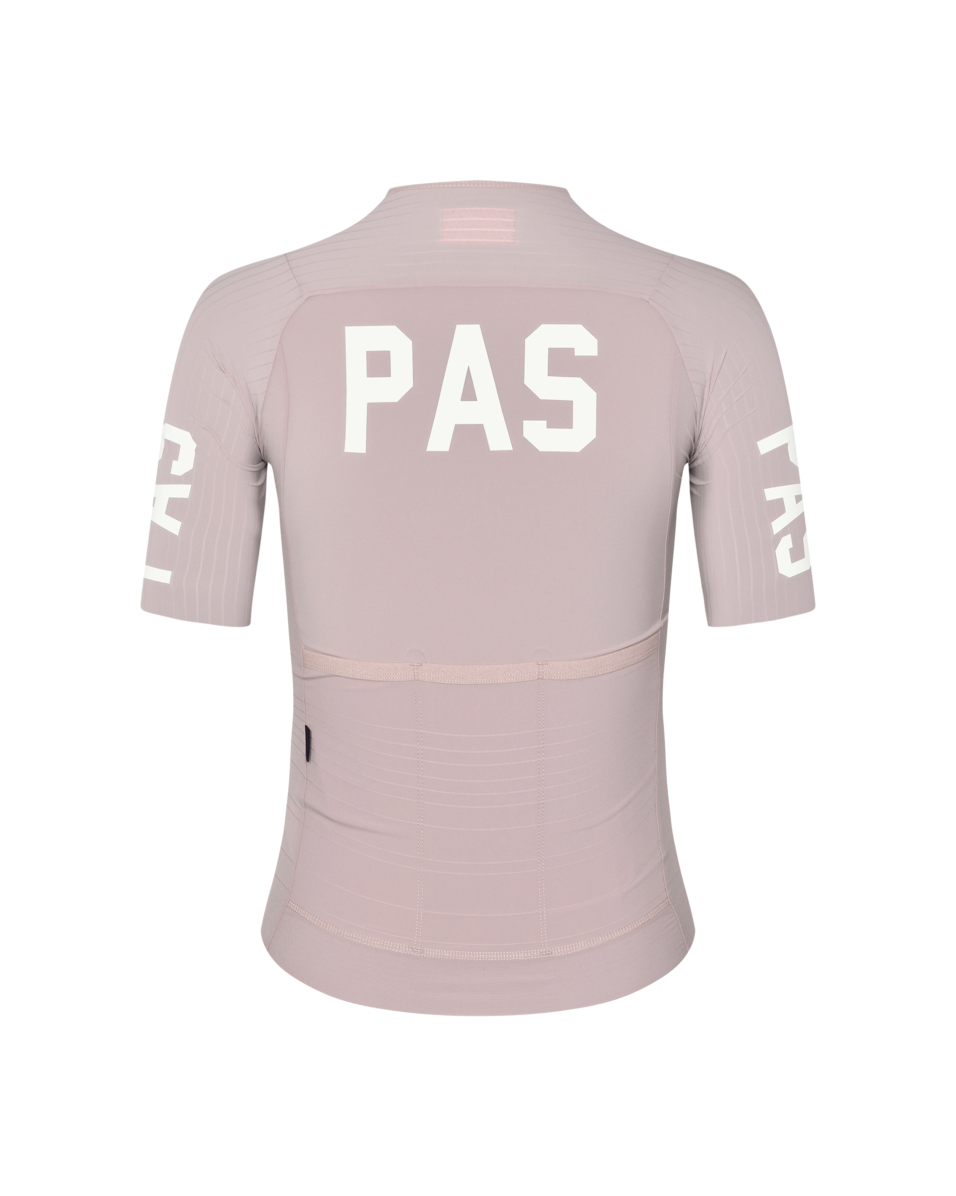 Taupe Rose PAS Mechanism Pro women's cycling jersey, rear flat lay with white PAS back and sleeve print