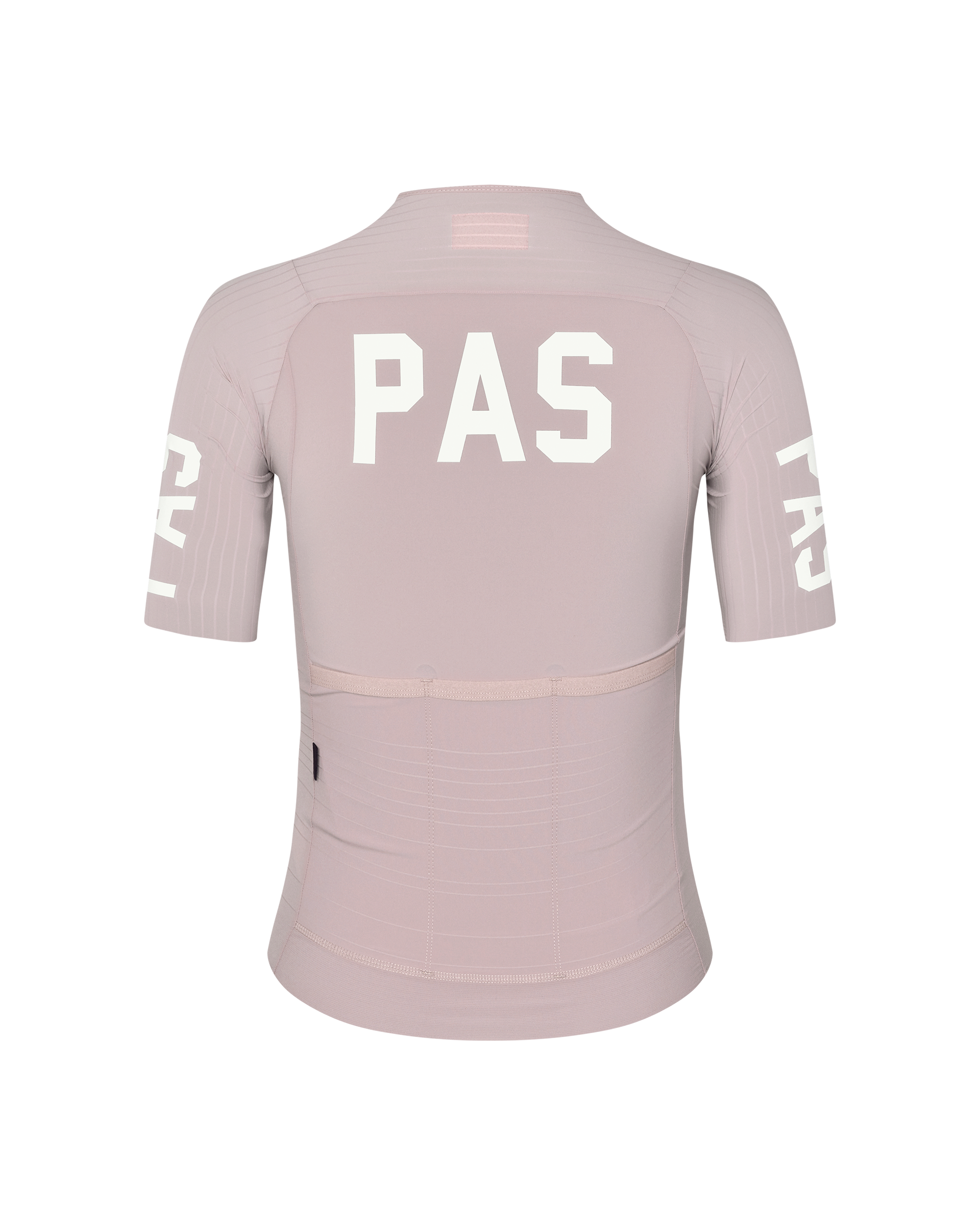 Taupe Rose PAS Mechanism Pro women's cycling jersey, rear flat lay with white PAS back and sleeve print