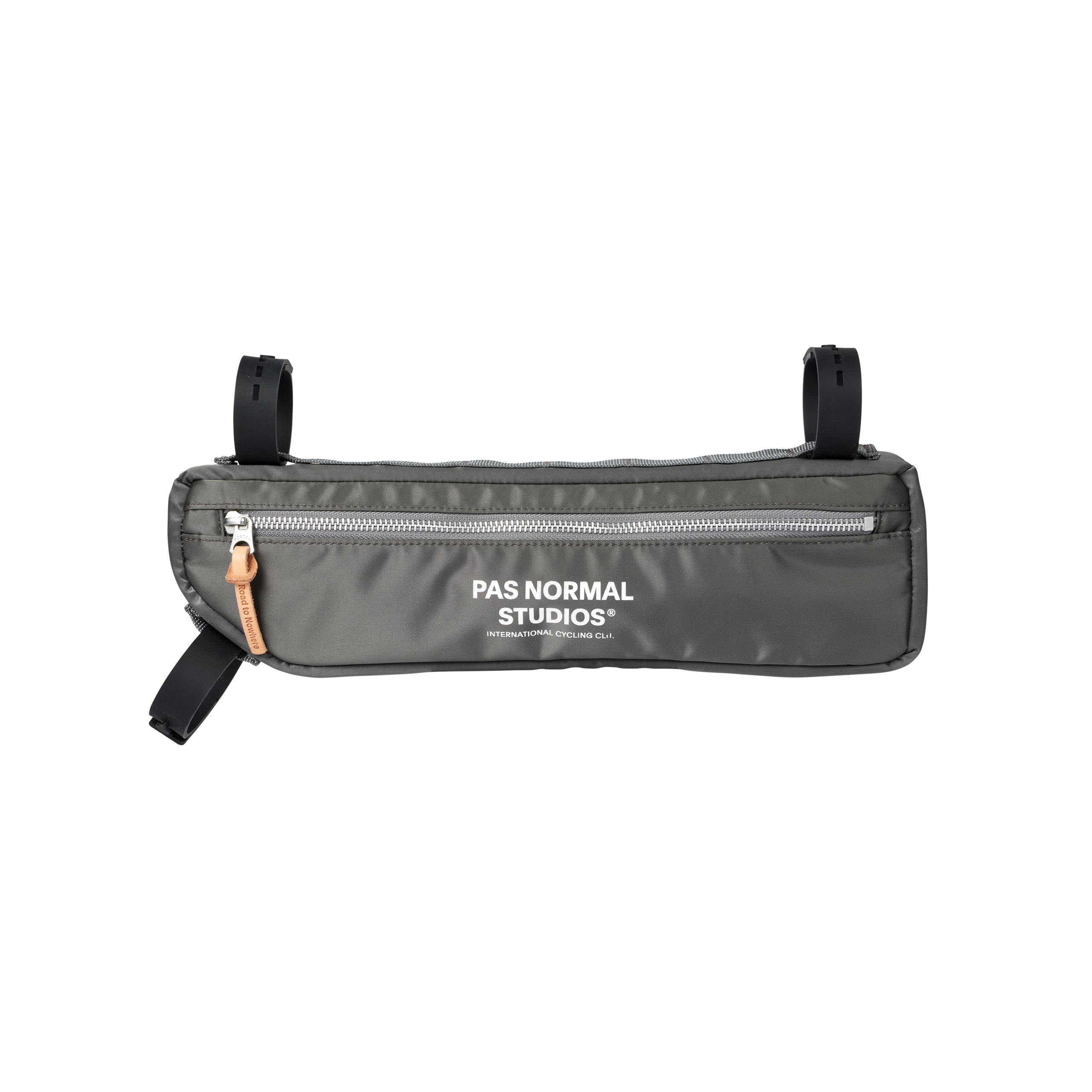 Grey Porter-Yoshida frame bag, front flat lay with silver zip and black mounting straps