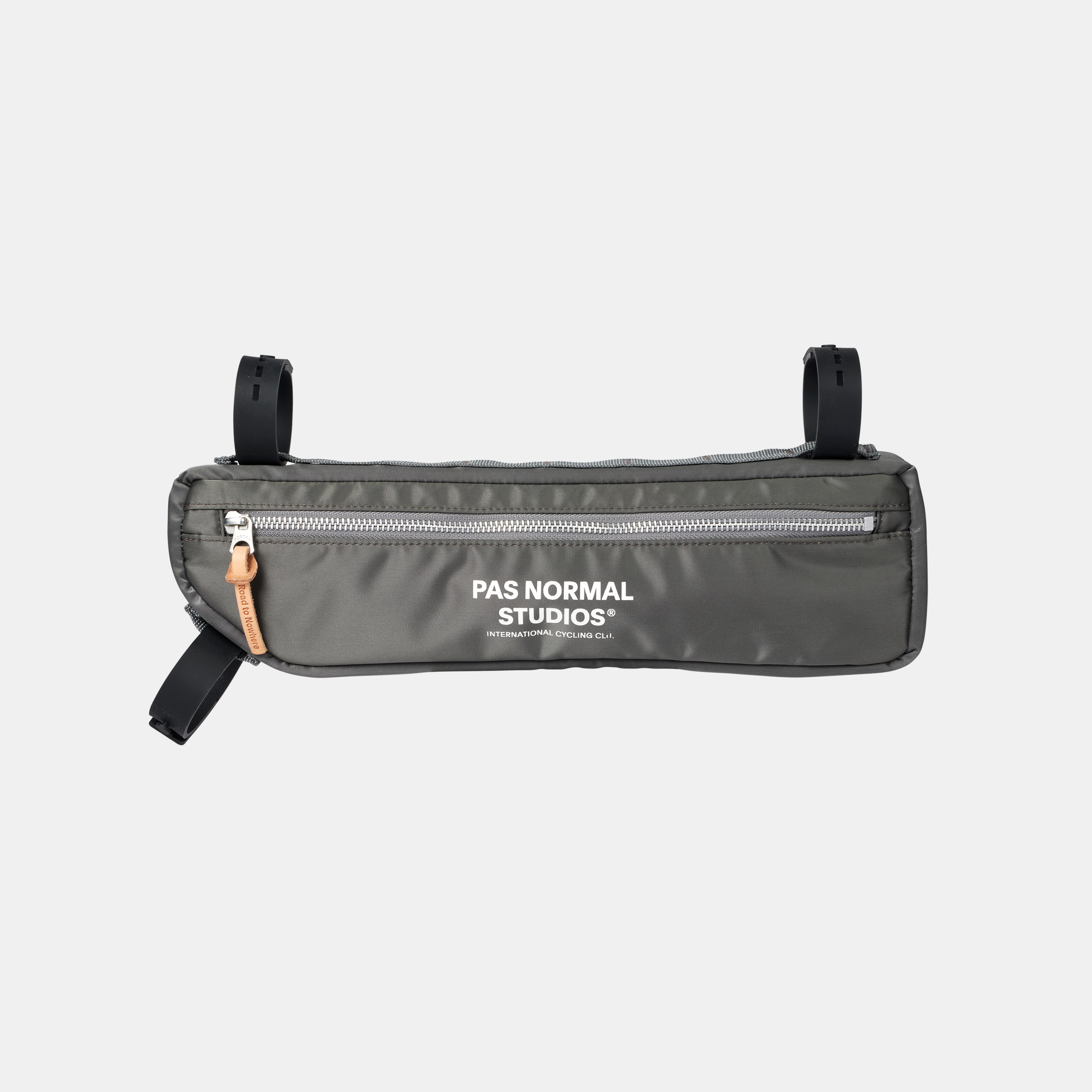 Grey Porter-Yoshida frame bag, front flat lay with silver zip and black mounting straps