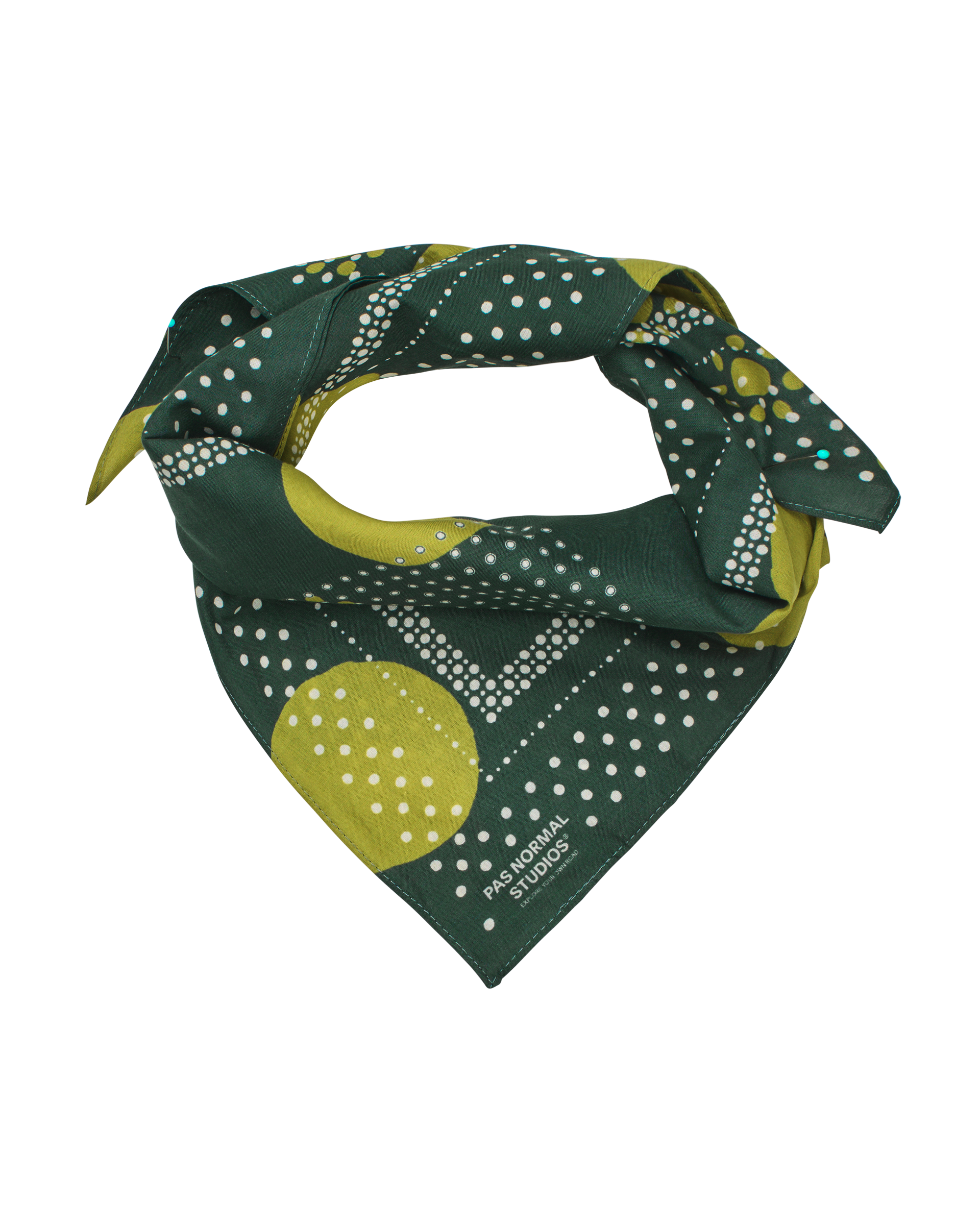 Green Off-Race bandana, flat lay with white dotted pattern and yellow geometric shapes