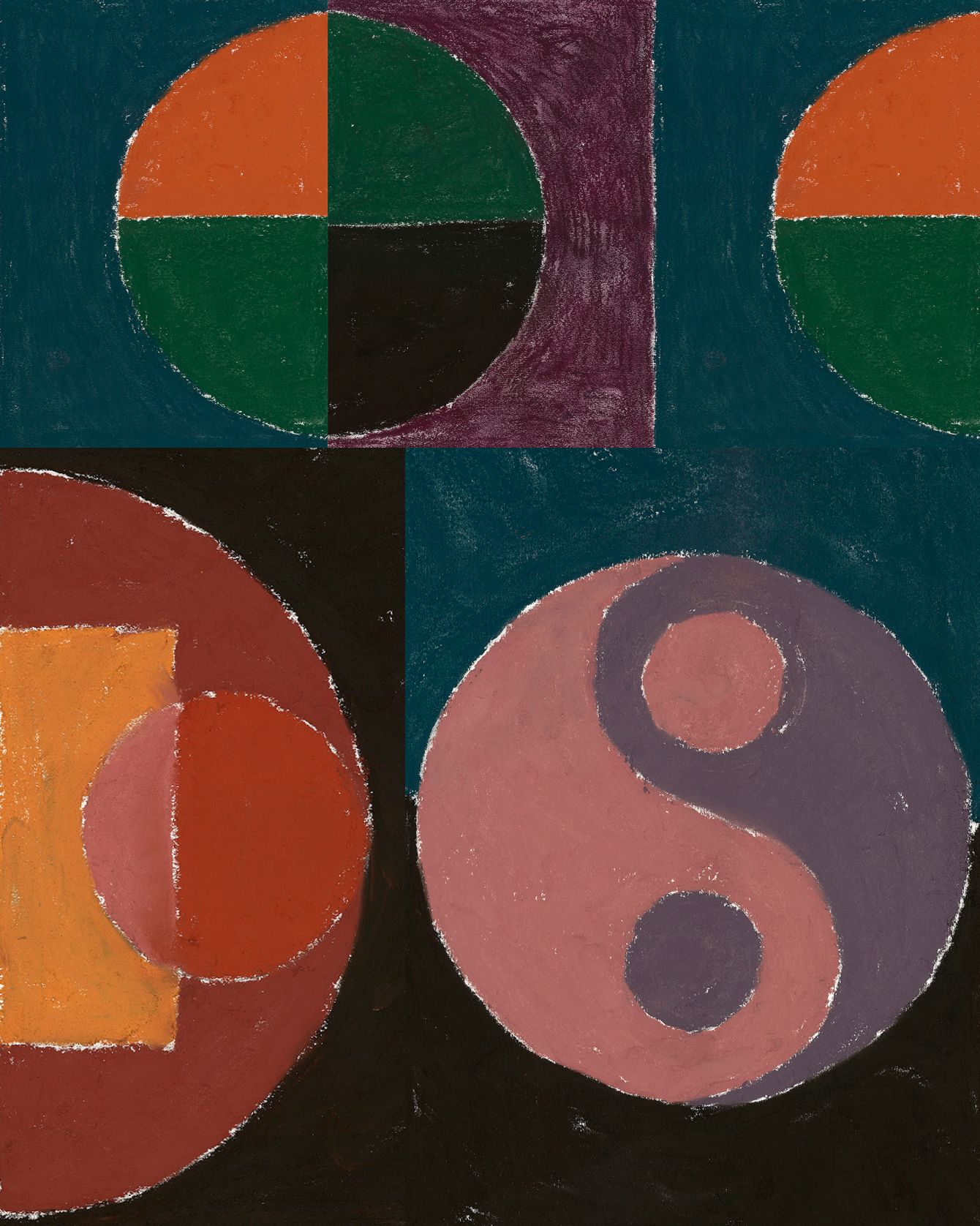 Abstract geometric artwork with colorful circles and shapes in orange, green, purple, and teal tones
