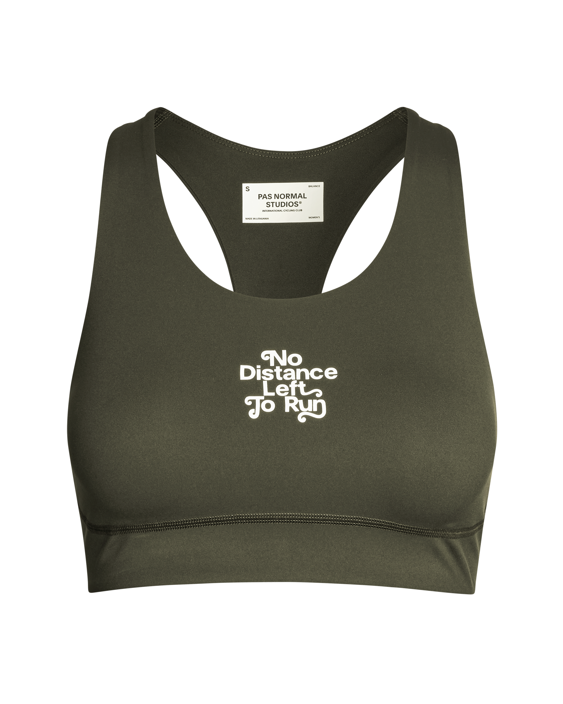 Dark Olive Balance bra, front flat lay with white chest print