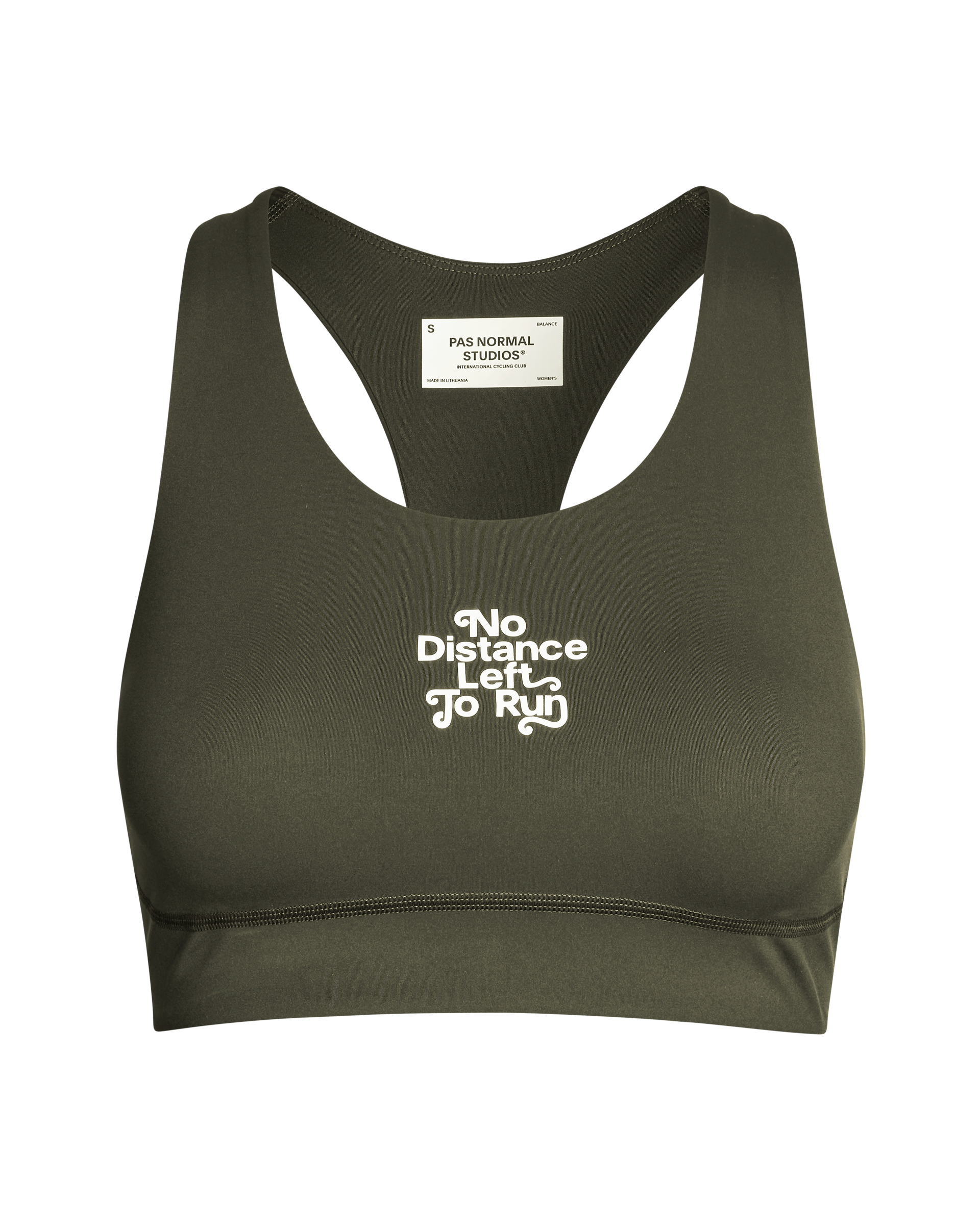 Dark Olive Balance bra, front flat lay with white chest print