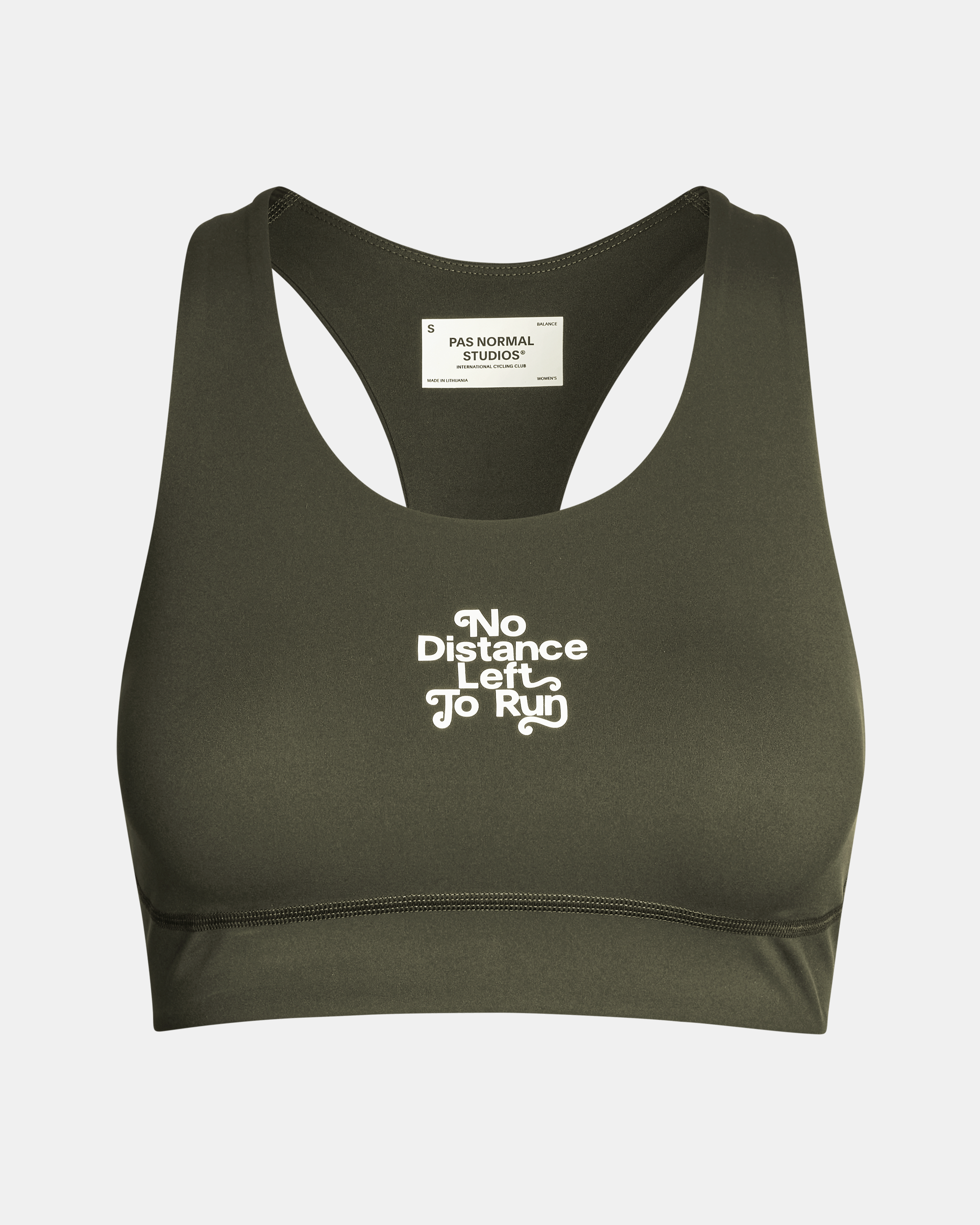 Dark Olive Balance bra, front flat lay with white chest print
