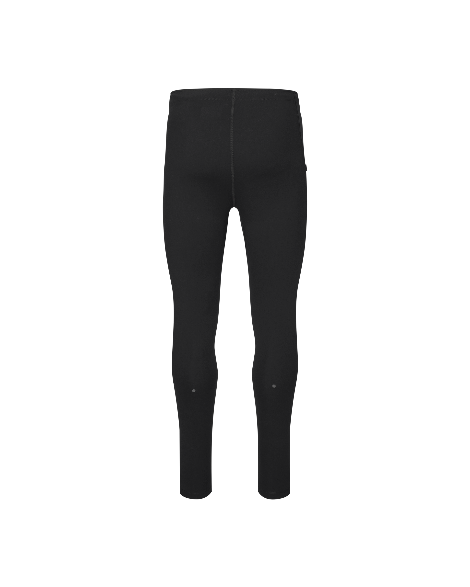 Black Balance long tights, rear flat lay with small reflective dots at knee level