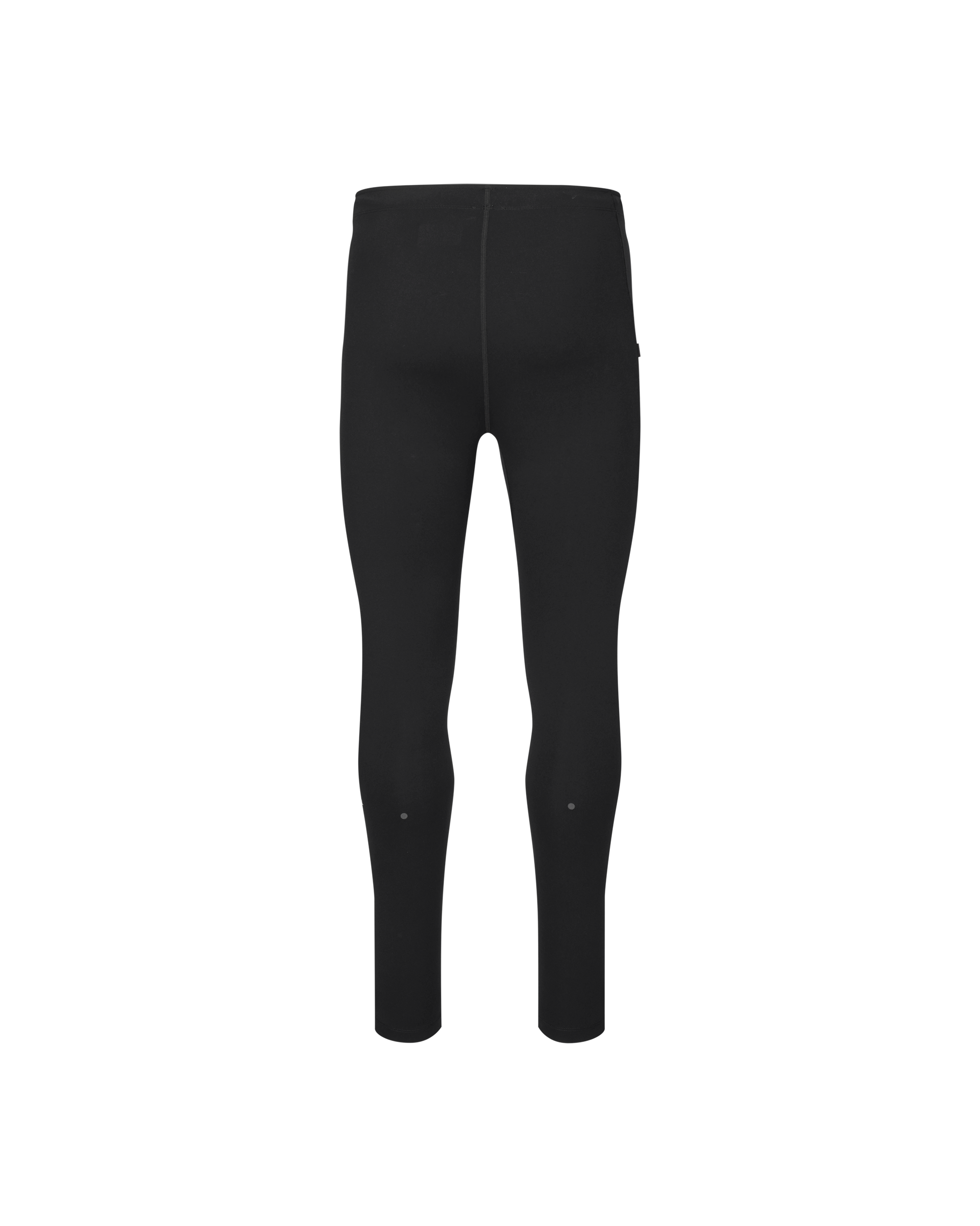 Black Balance long tights, rear flat lay with small reflective dots at knee level