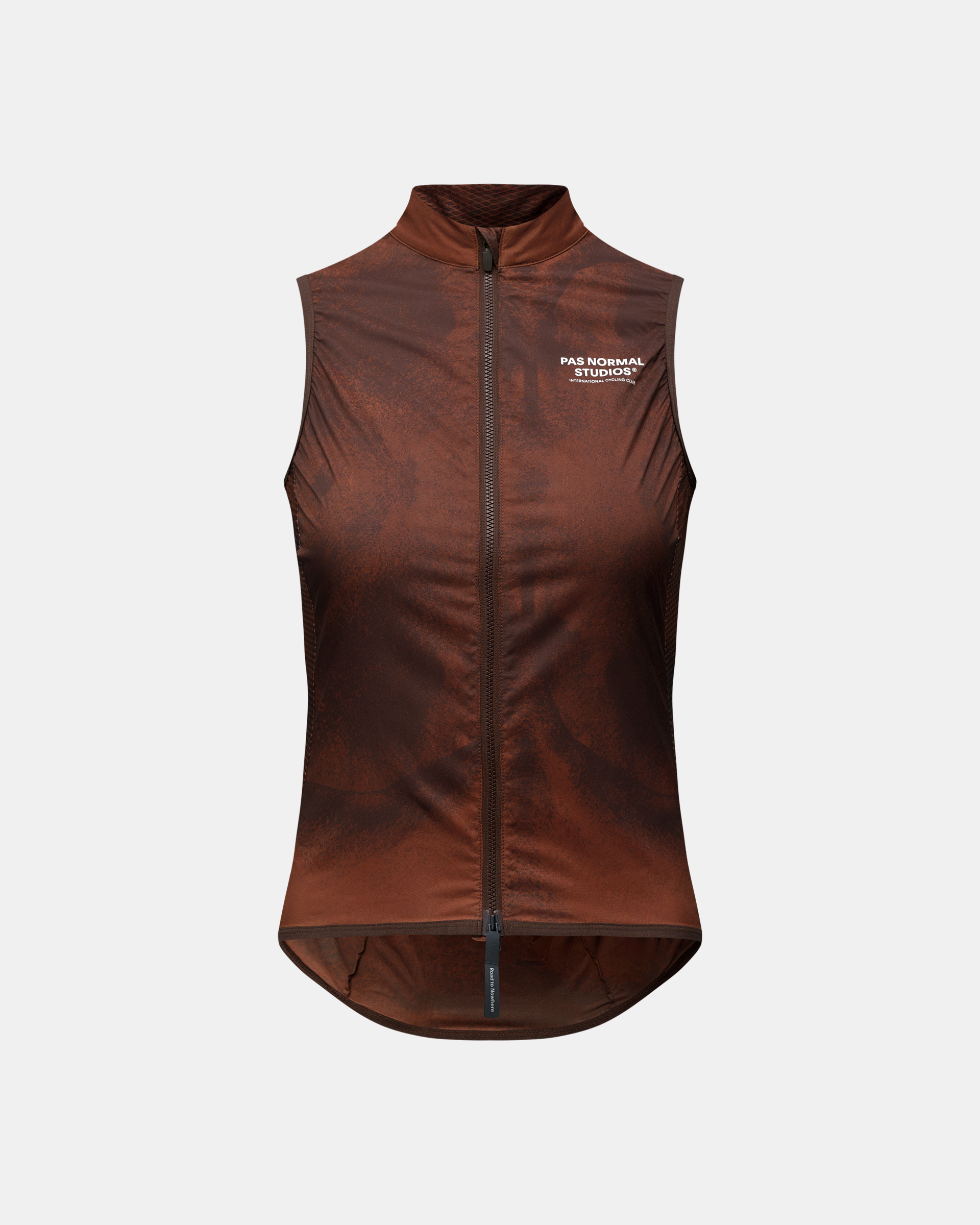 Brown Mechanism Stow Away cycling gilet, front view with white chest logo