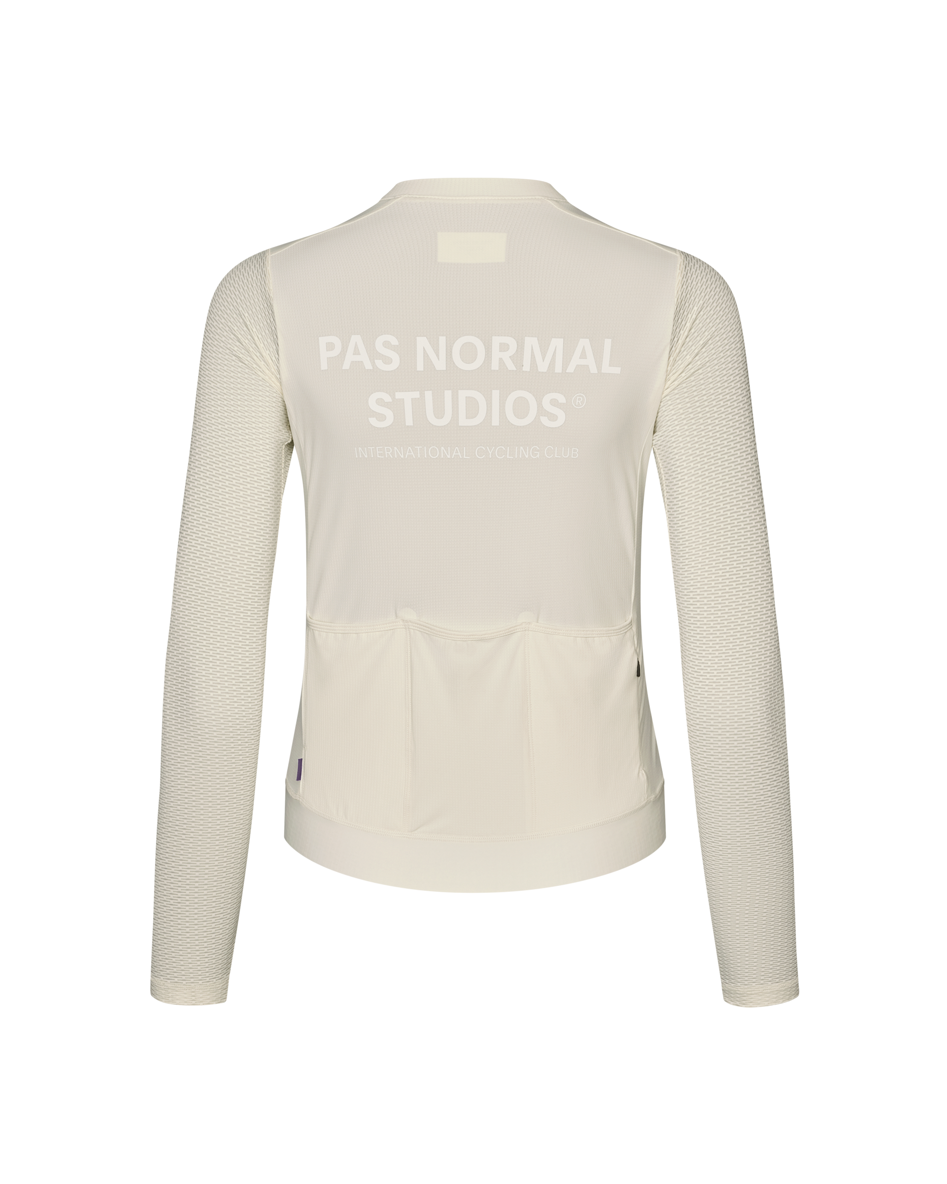 Off White Essential Light Long Sleeve cycling jersey, rear view with mesh sleeves and back pockets