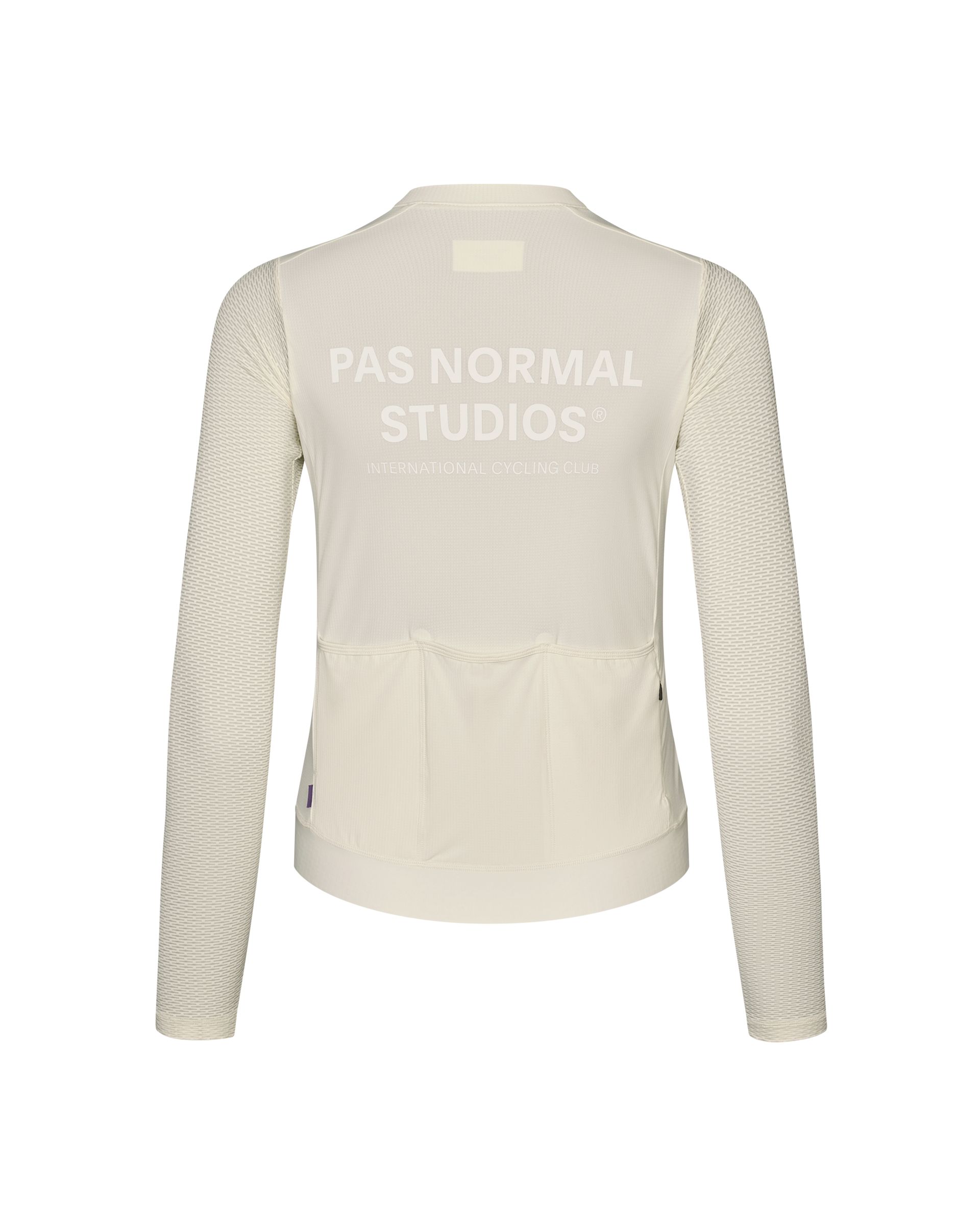 Off White Essential Light Long Sleeve cycling jersey, rear view with mesh sleeves and back pockets