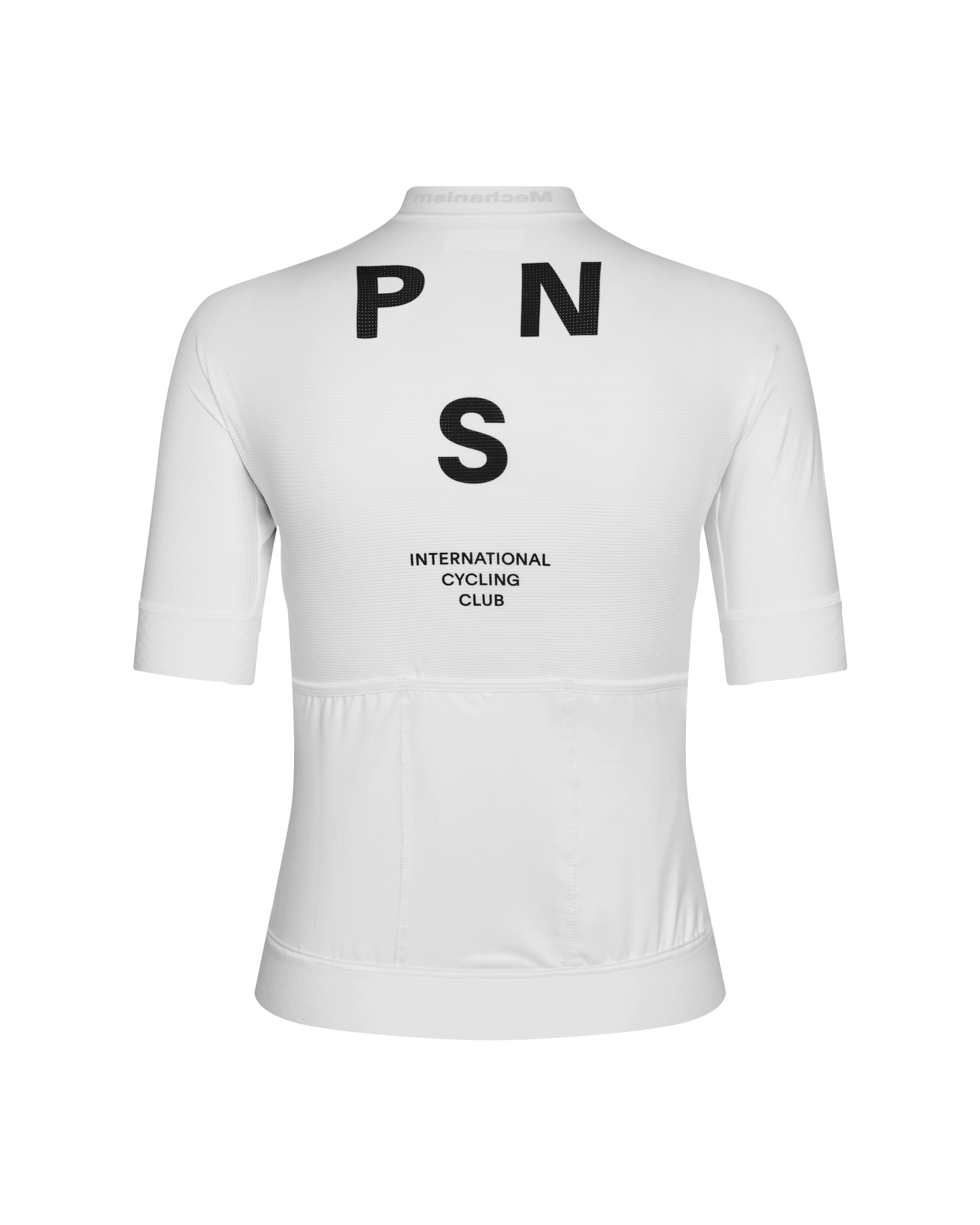 White Mechanism cycling jersey, rear view with black logo and text print