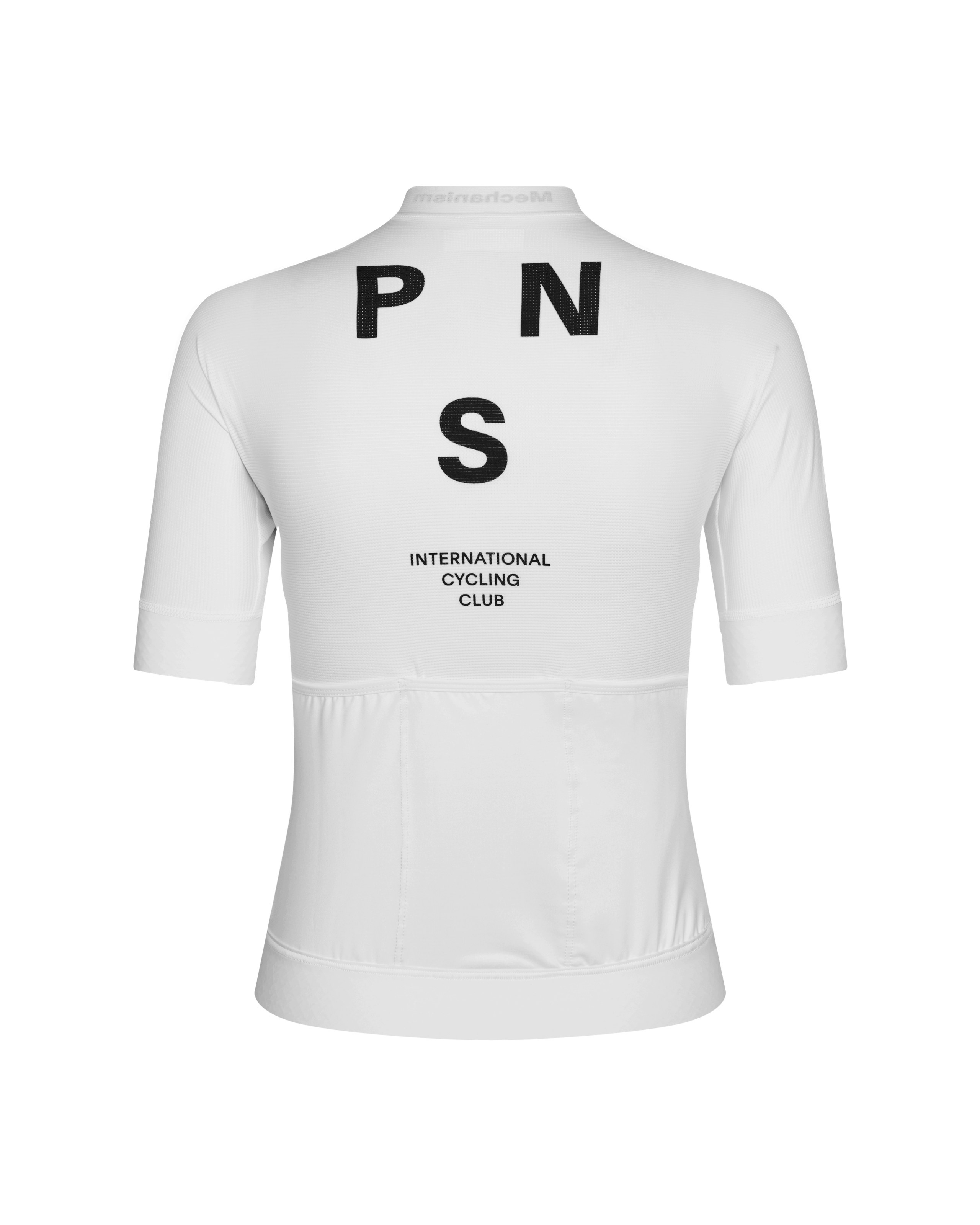 White Mechanism cycling jersey, rear view with black logo and text print