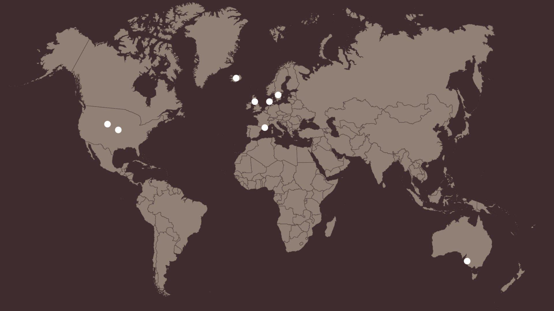 World map showing global retail locations marked with white dots