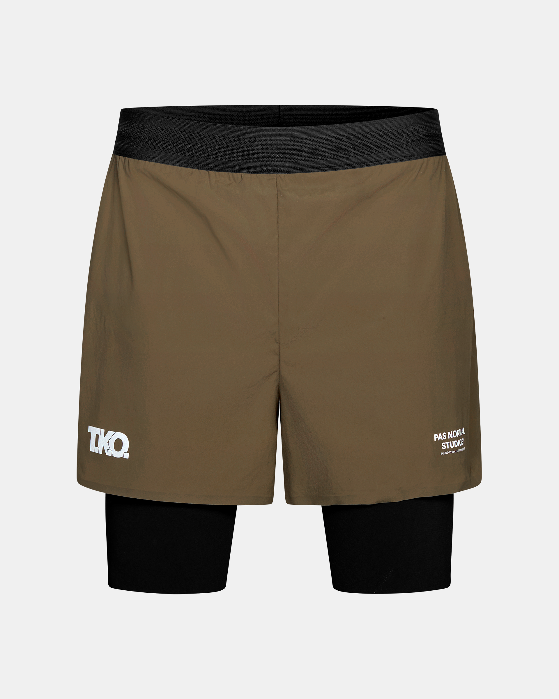 Dark Stone T.K.O. Balance 2-in-1 shorts, front view with black inner compression layer