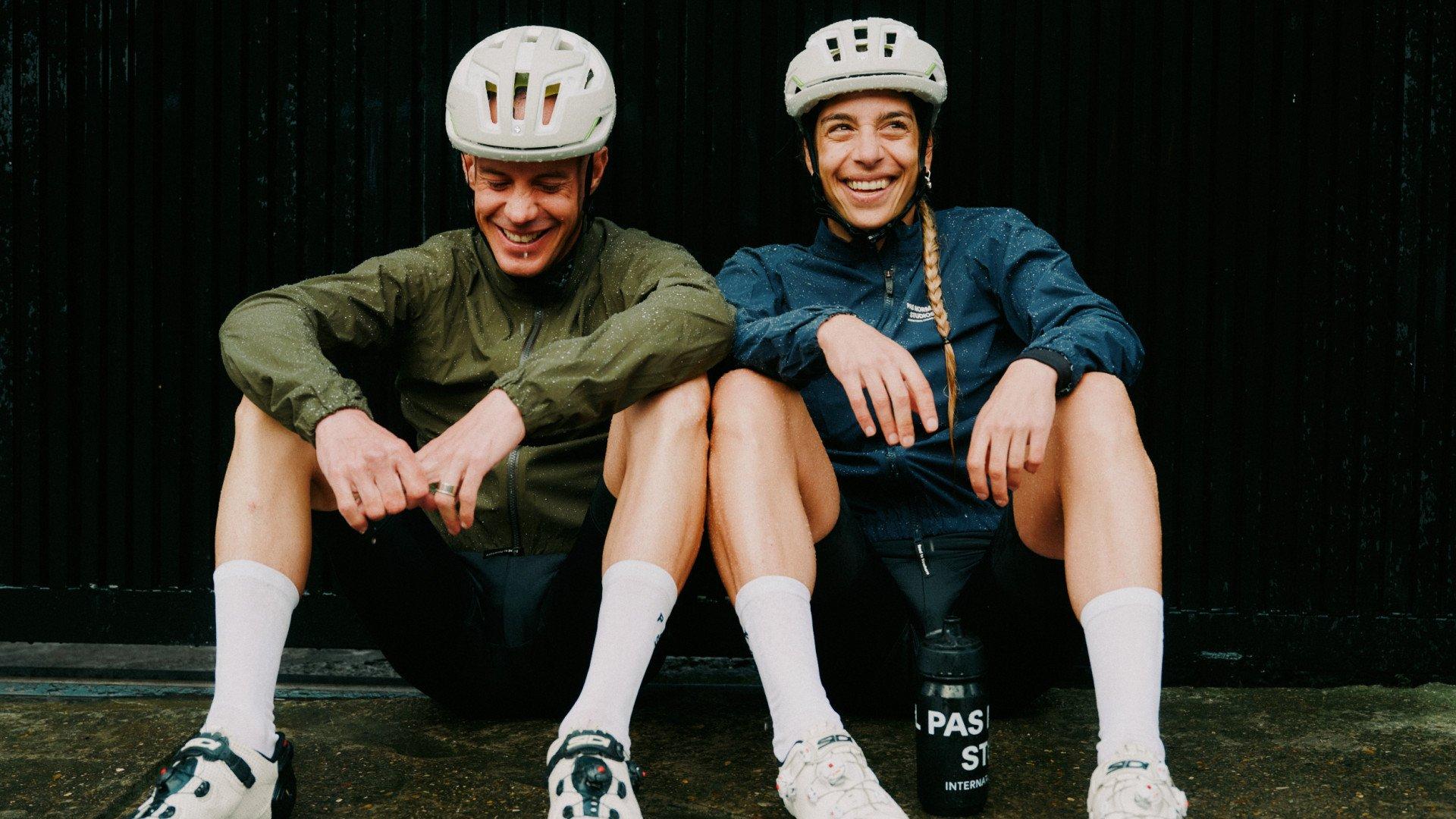 Khaki Green Mechanism Pertex Rain cycling jacket on model with half zip and chest pocket