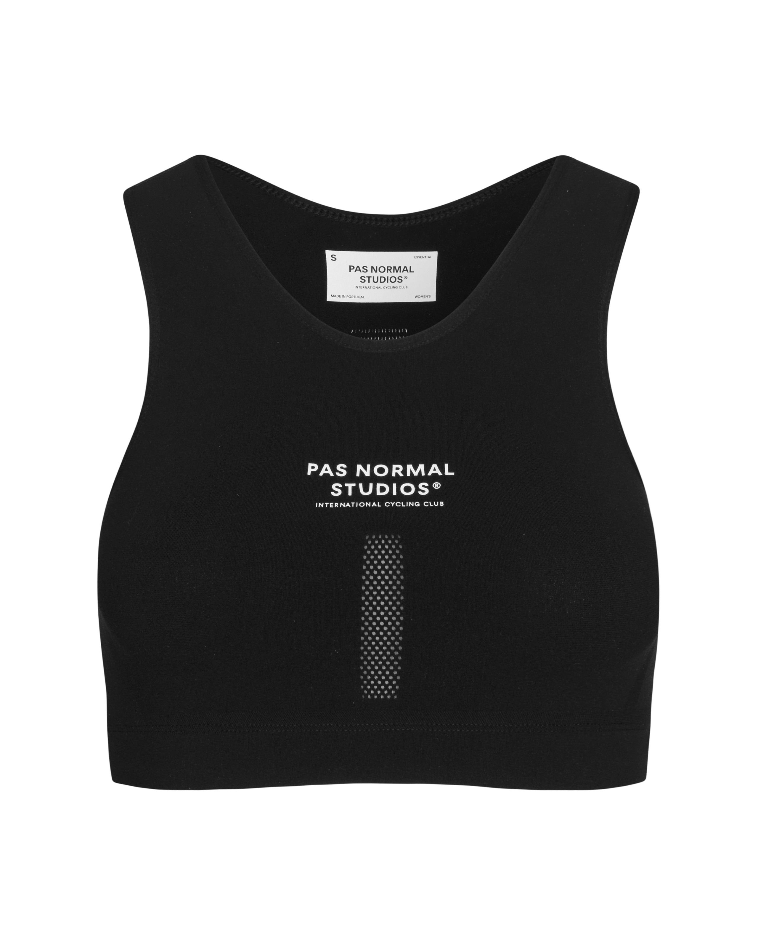 Black Logo cycling bra, front flat lay with white chest logo and perforated ventilation panel