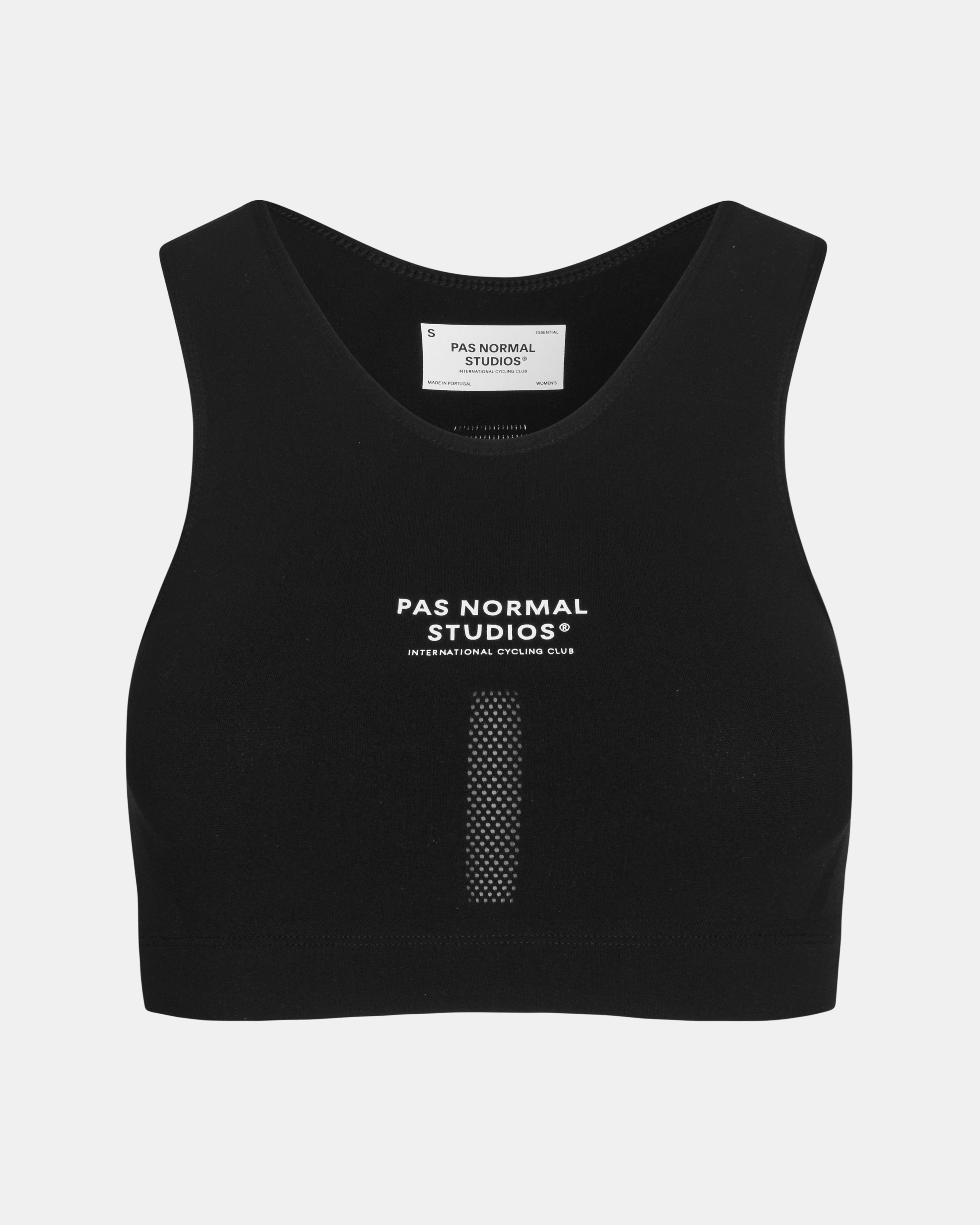 Black Logo cycling bra, front flat lay with white chest logo and perforated ventilation panel