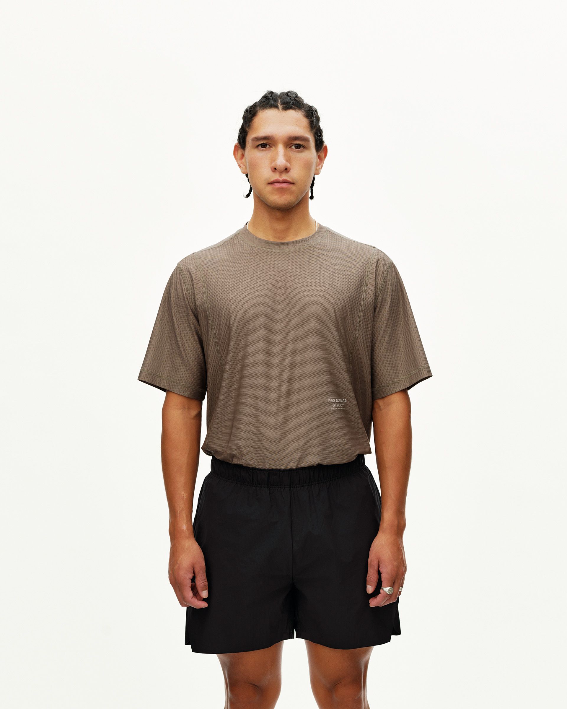 Black Balance shorts on model, front view with elastic waistband