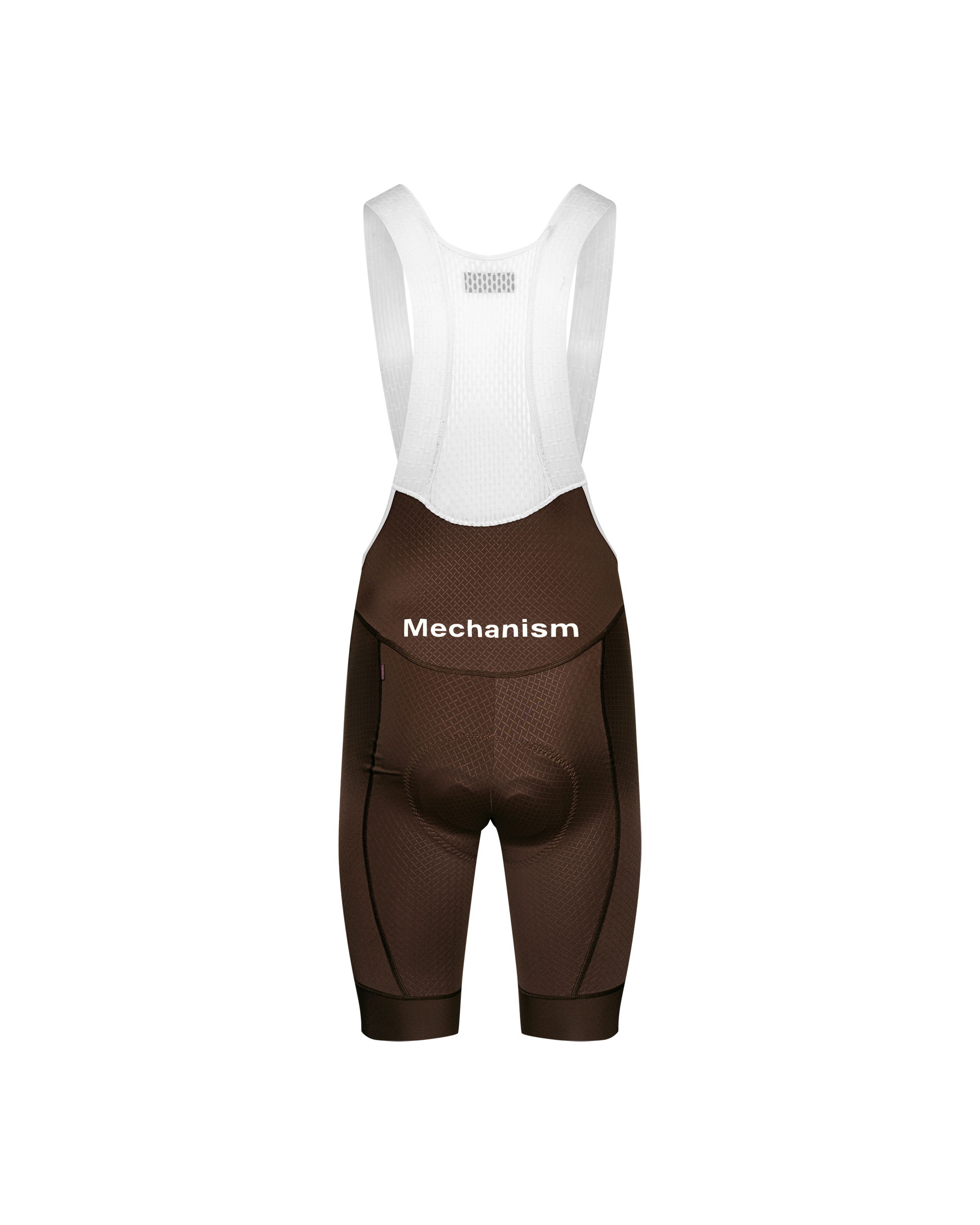 Light Brown Mechanism cycling bibs, rear flat lay with white mesh bib straps