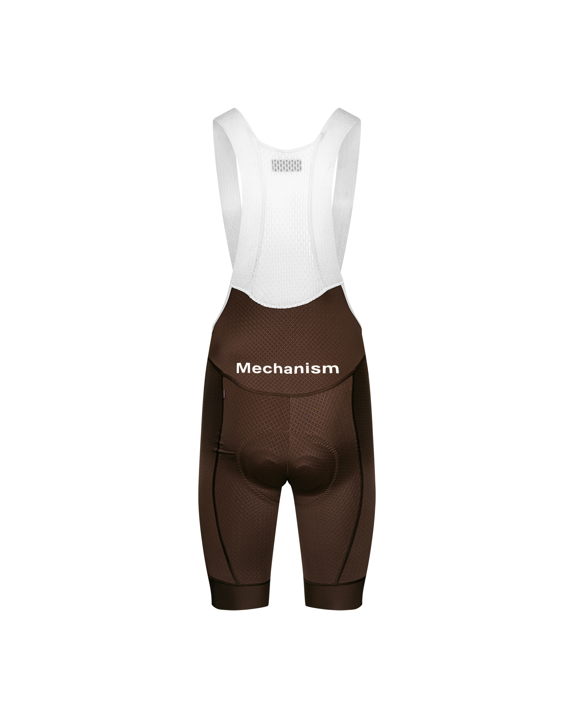 Light Brown Mechanism cycling bibs, rear flat lay with white mesh bib straps