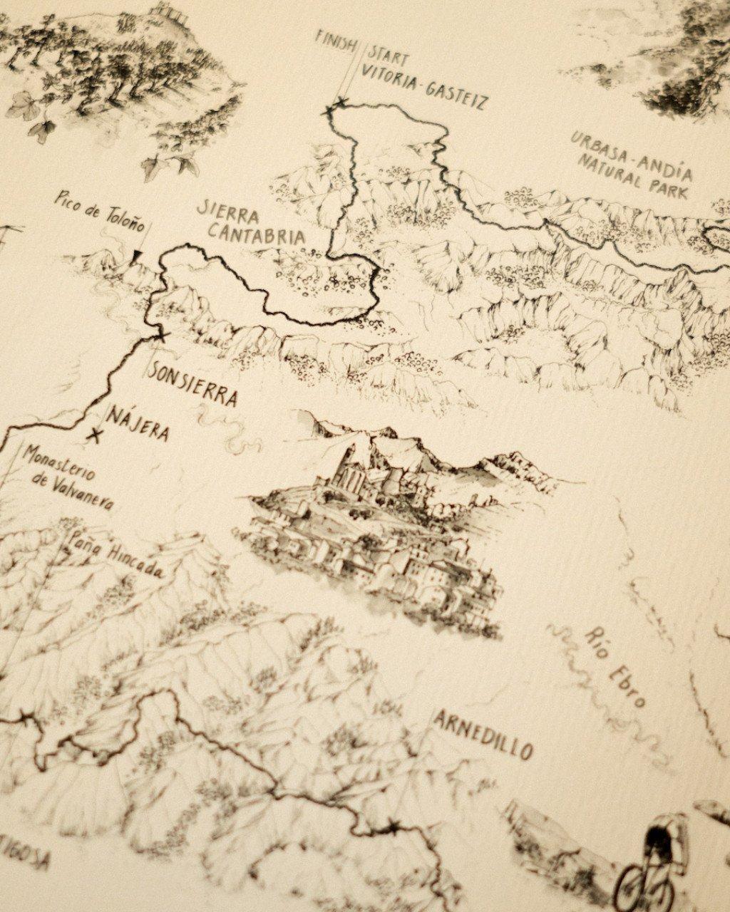 Hand-drawn vintage map showing Spanish regions including Sierra Cantabria, Vitoria-Gasteiz, and Urdaibai Natural Park