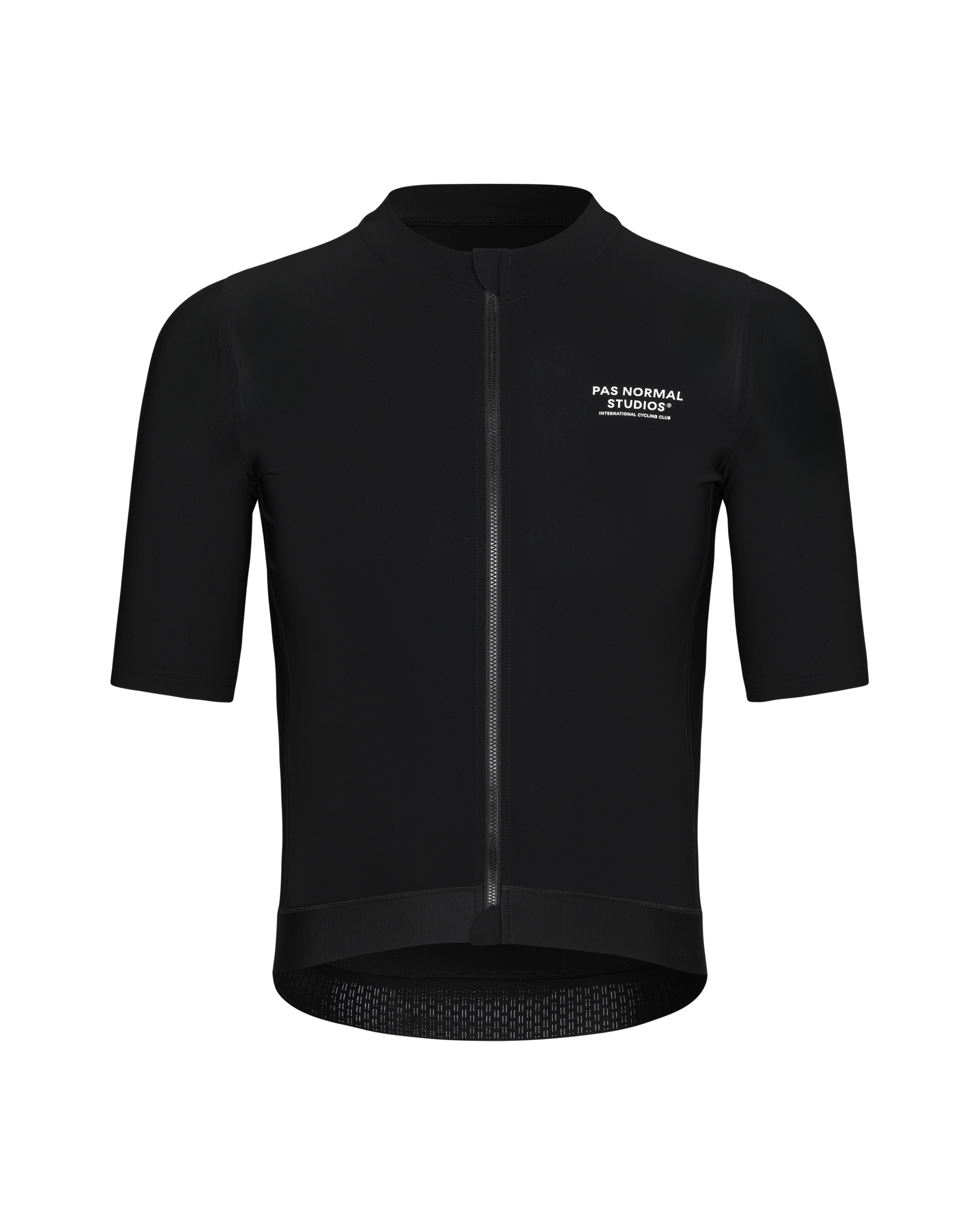 Black Essential cycling jersey, front view with full zip and white chest logo