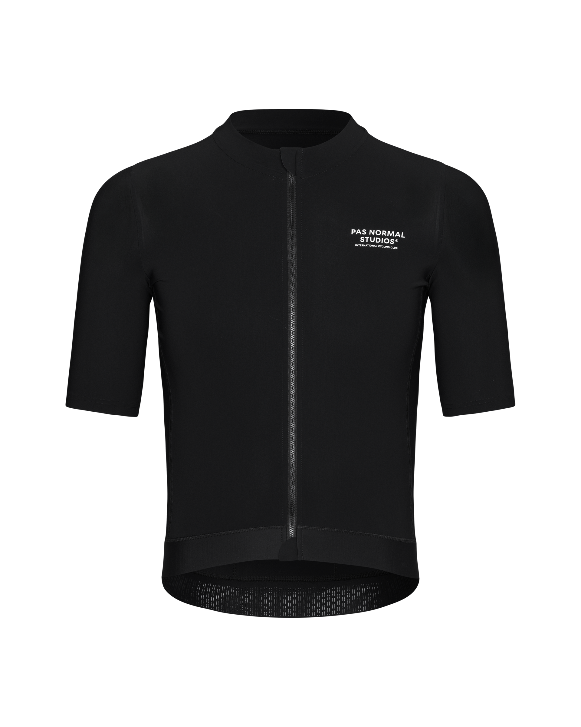 Black Essential cycling jersey, front view with full zip and white chest logo
