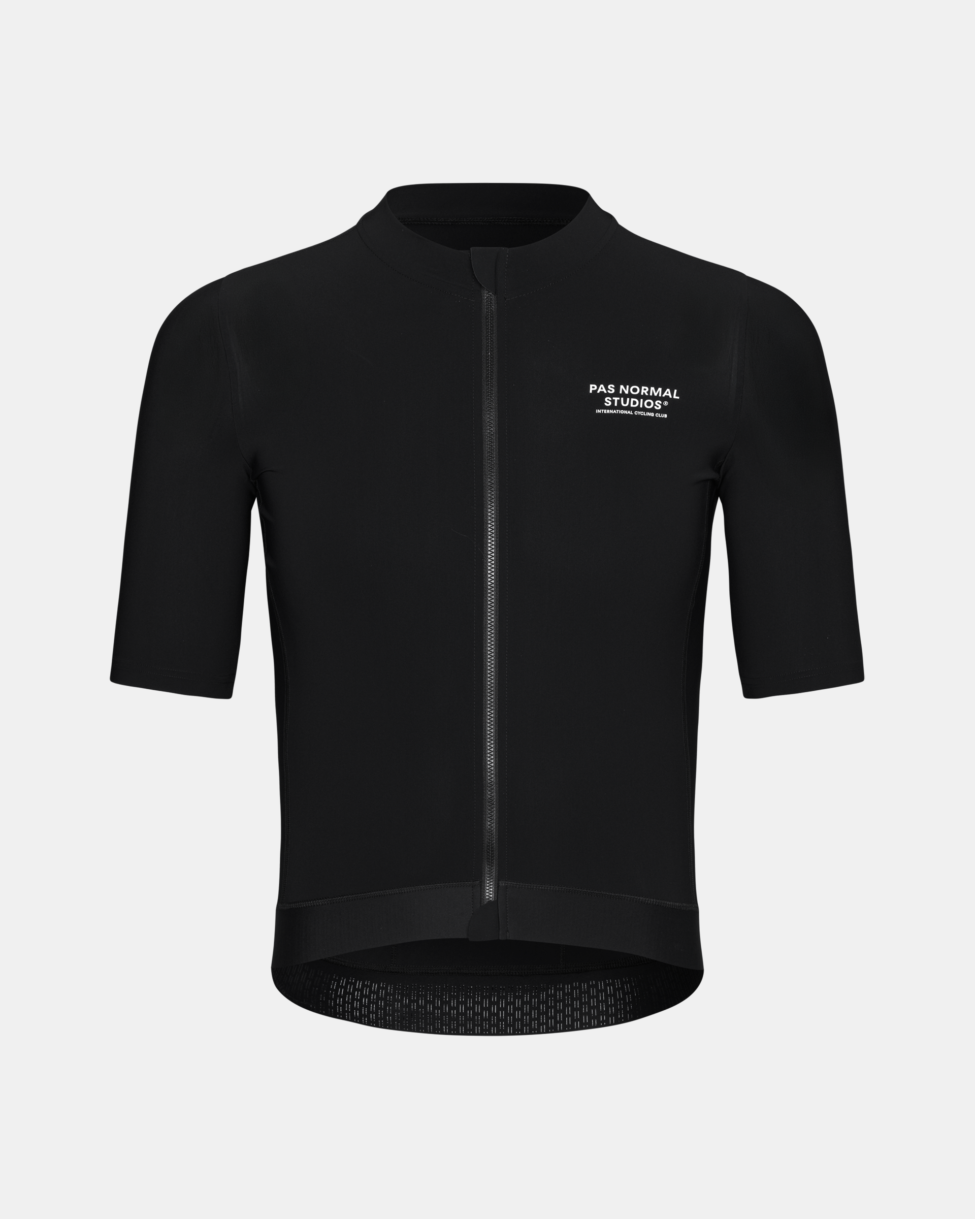 Black Essential cycling jersey, front view with full zip and white chest logo