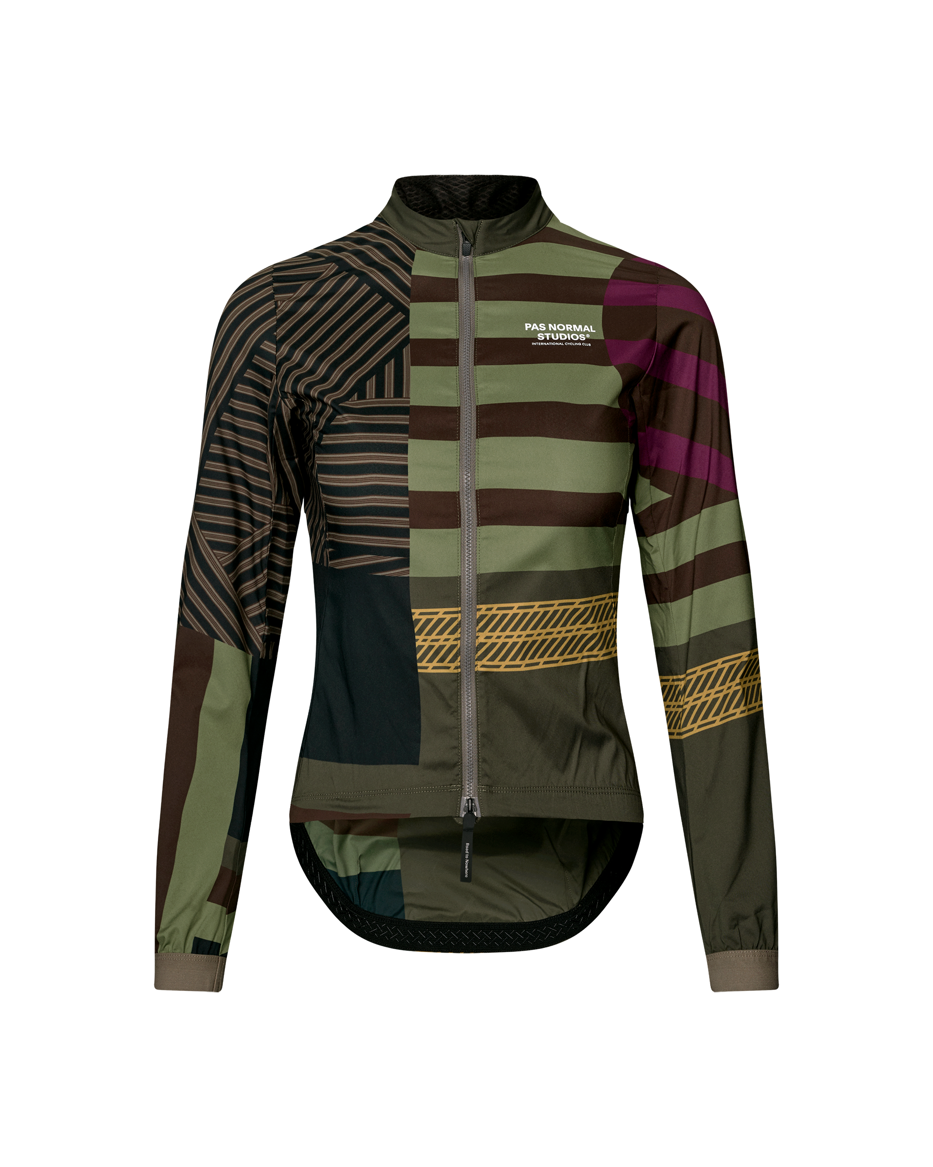 International Green Mechanism Stow Away women's cycling jacket, front flat lay with patchwork stripe and tyre-tread print