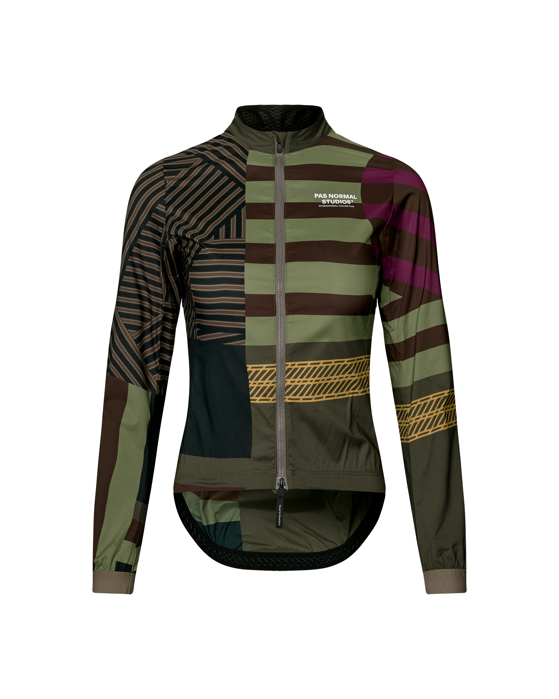 International Green Mechanism Stow Away women's cycling jacket, front flat lay with patchwork stripe and tyre-tread print