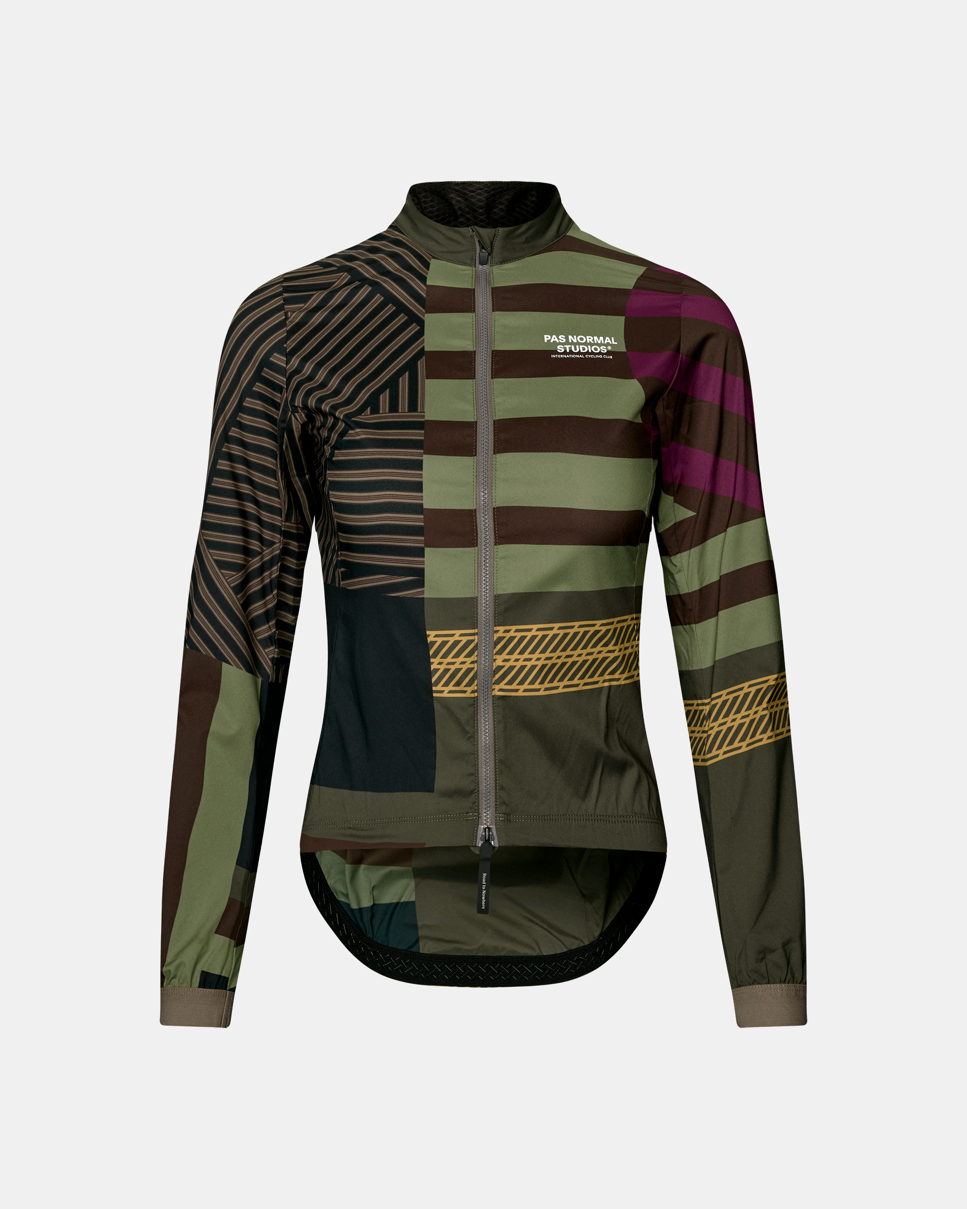 International Green Mechanism Stow Away women's cycling jacket, front flat lay with patchwork stripe and tyre-tread print