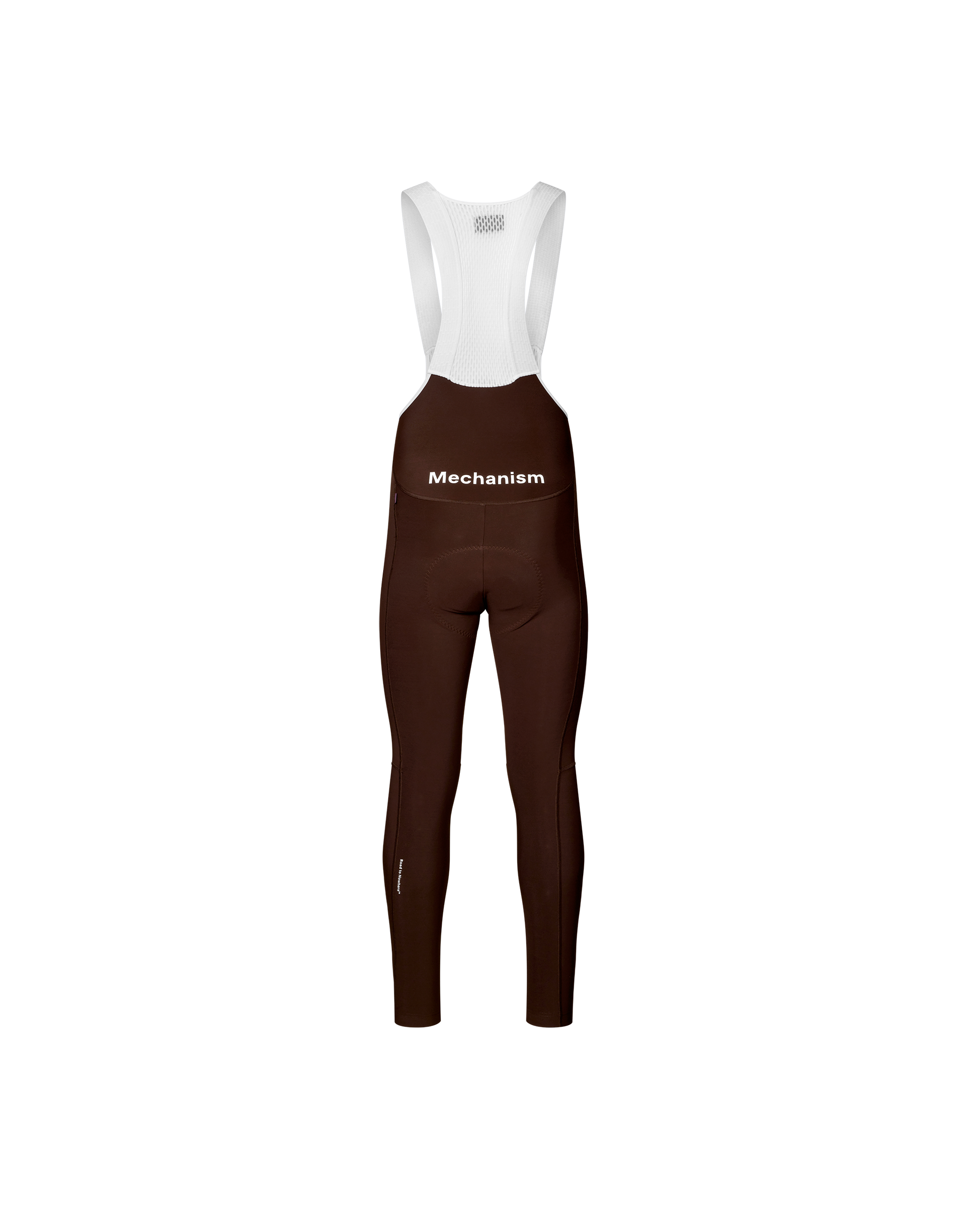 Dark Coffee Mechanism cycling bib tights, rear view on mannequin with white bib straps and white chest print