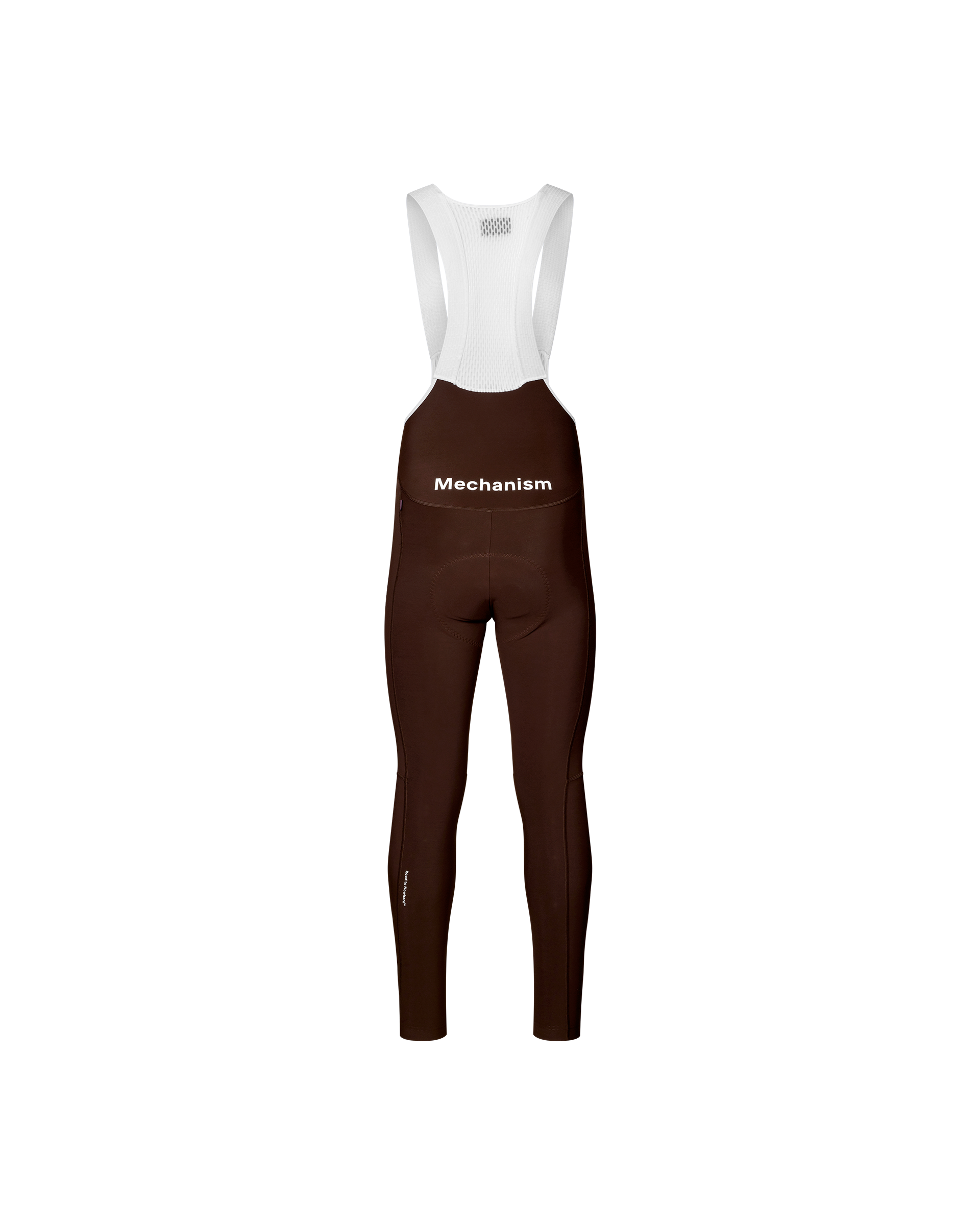 Dark Coffee Mechanism cycling bib tights, rear view on mannequin with white bib straps and white chest print