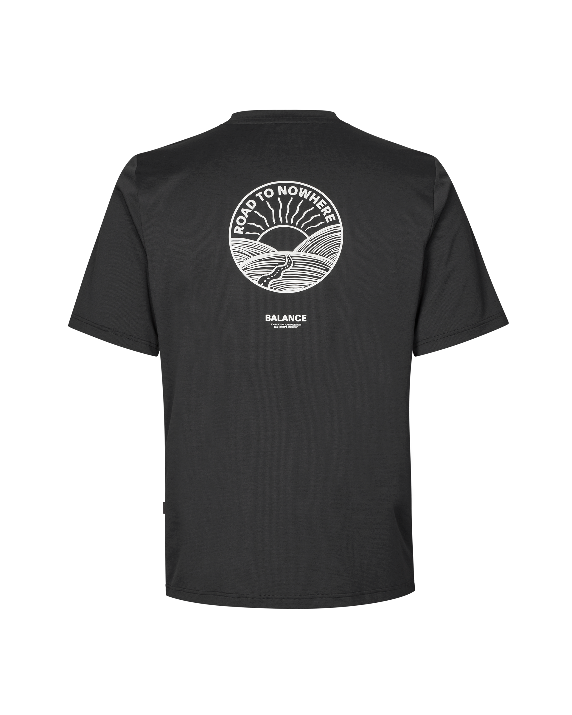 Black Balance t-shirt, rear view with white Road to Nowhere circular graphic and Balance logo