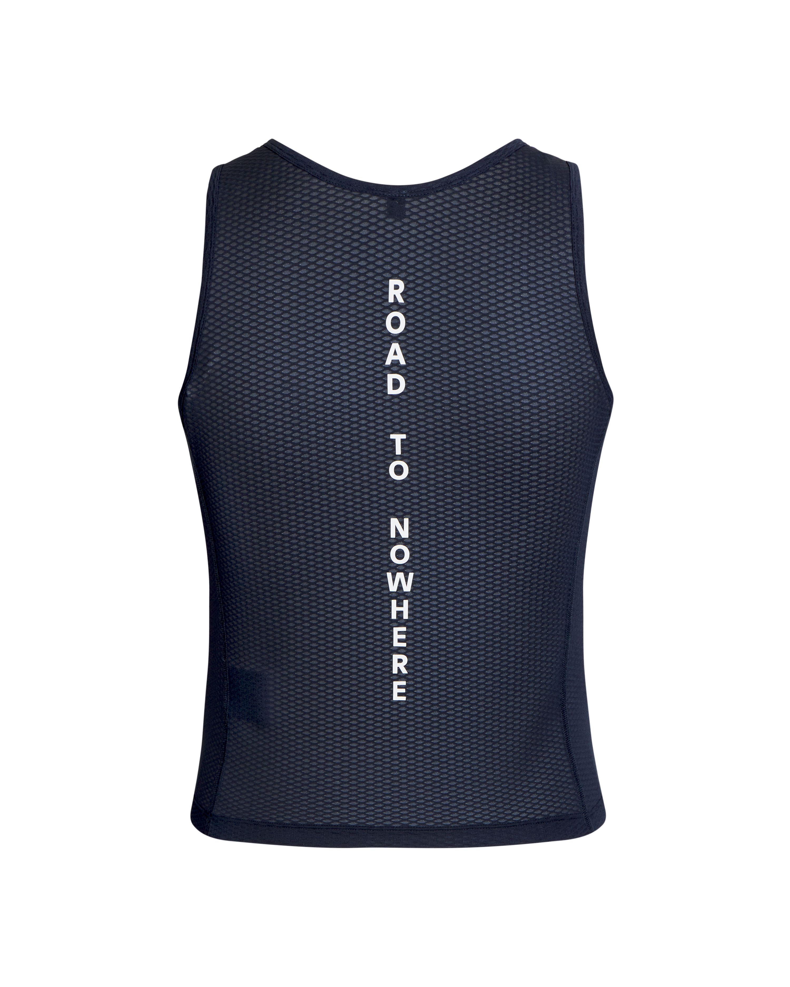 Navy Mechanism sleeveless base layer, front view with white vertical "ROAD TO NOWHERE" text