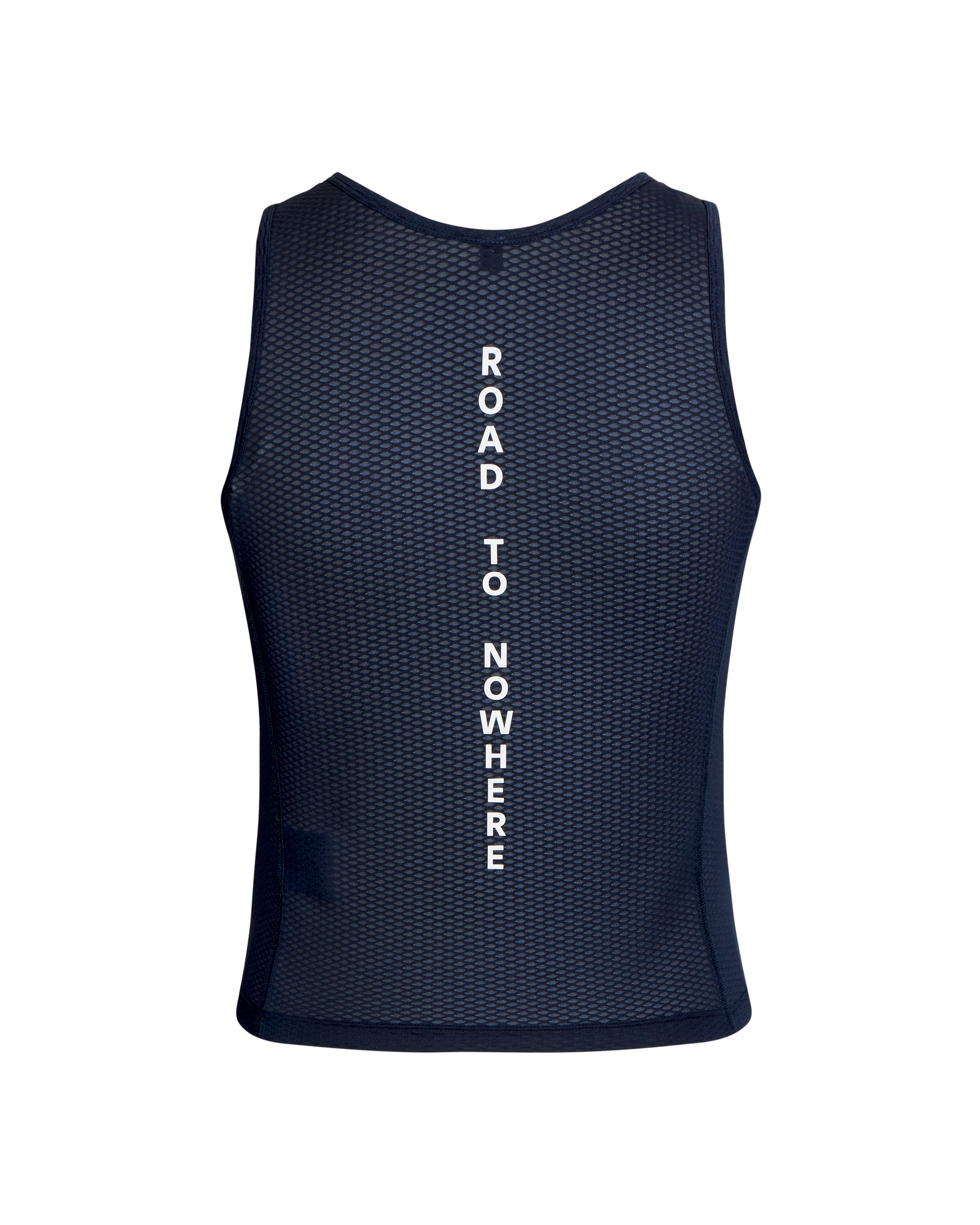 Navy Mechanism sleeveless base layer, front view with white vertical "ROAD TO NOWHERE" text