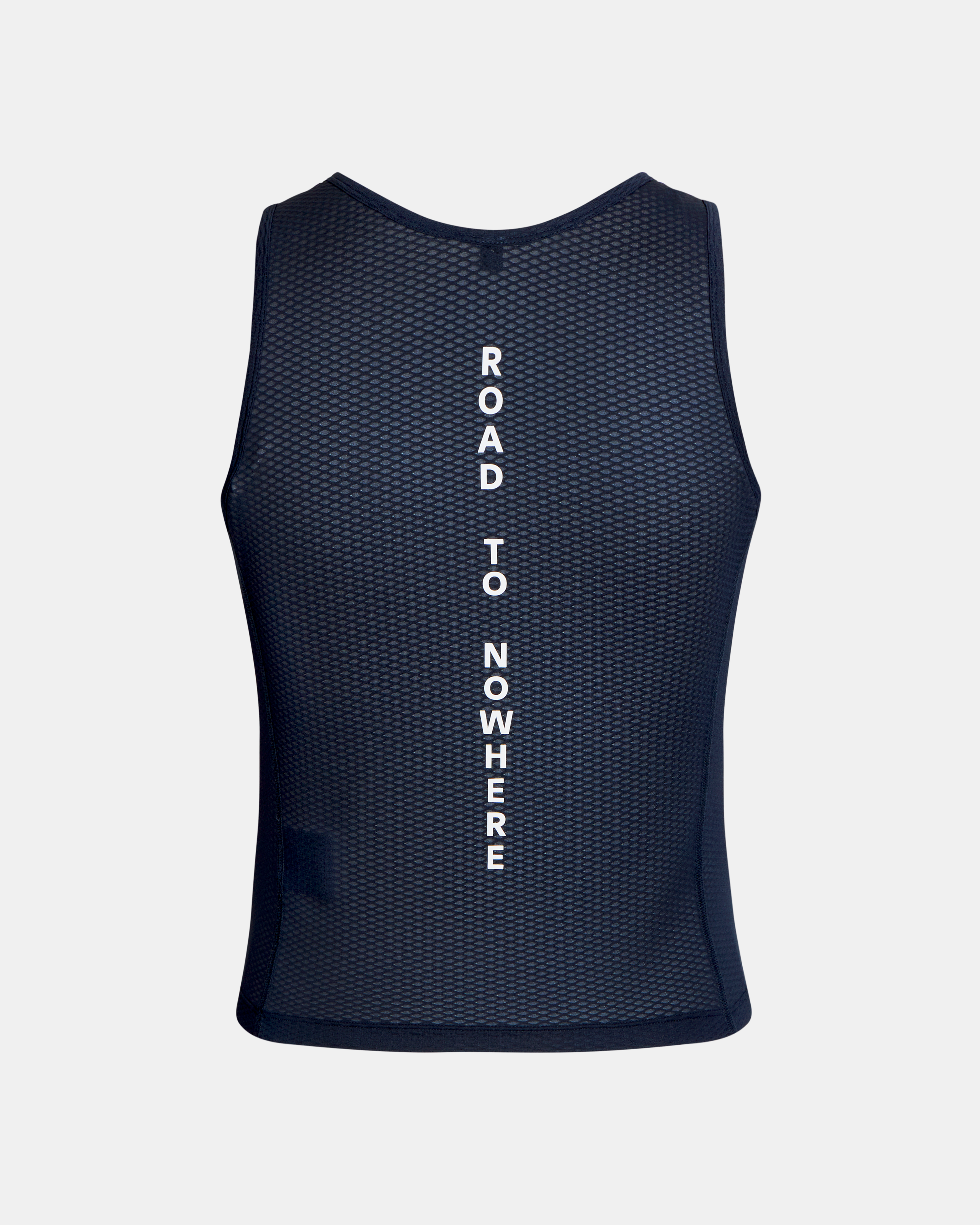 Navy Mechanism sleeveless base layer, front view with white vertical "ROAD TO NOWHERE" text