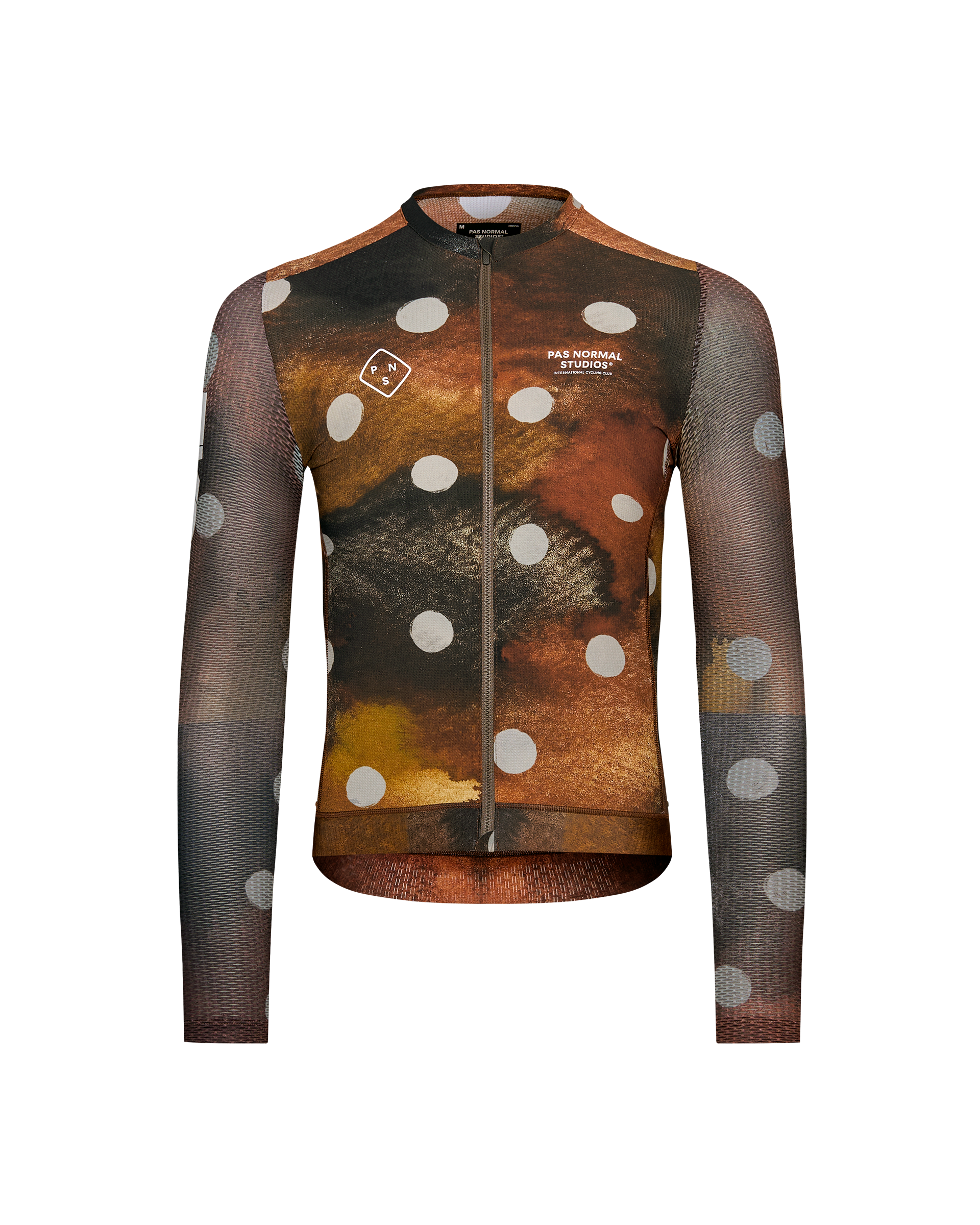 Brown T.K.O. Essential Light long sleeve cycling jersey, front view with white polka dot print