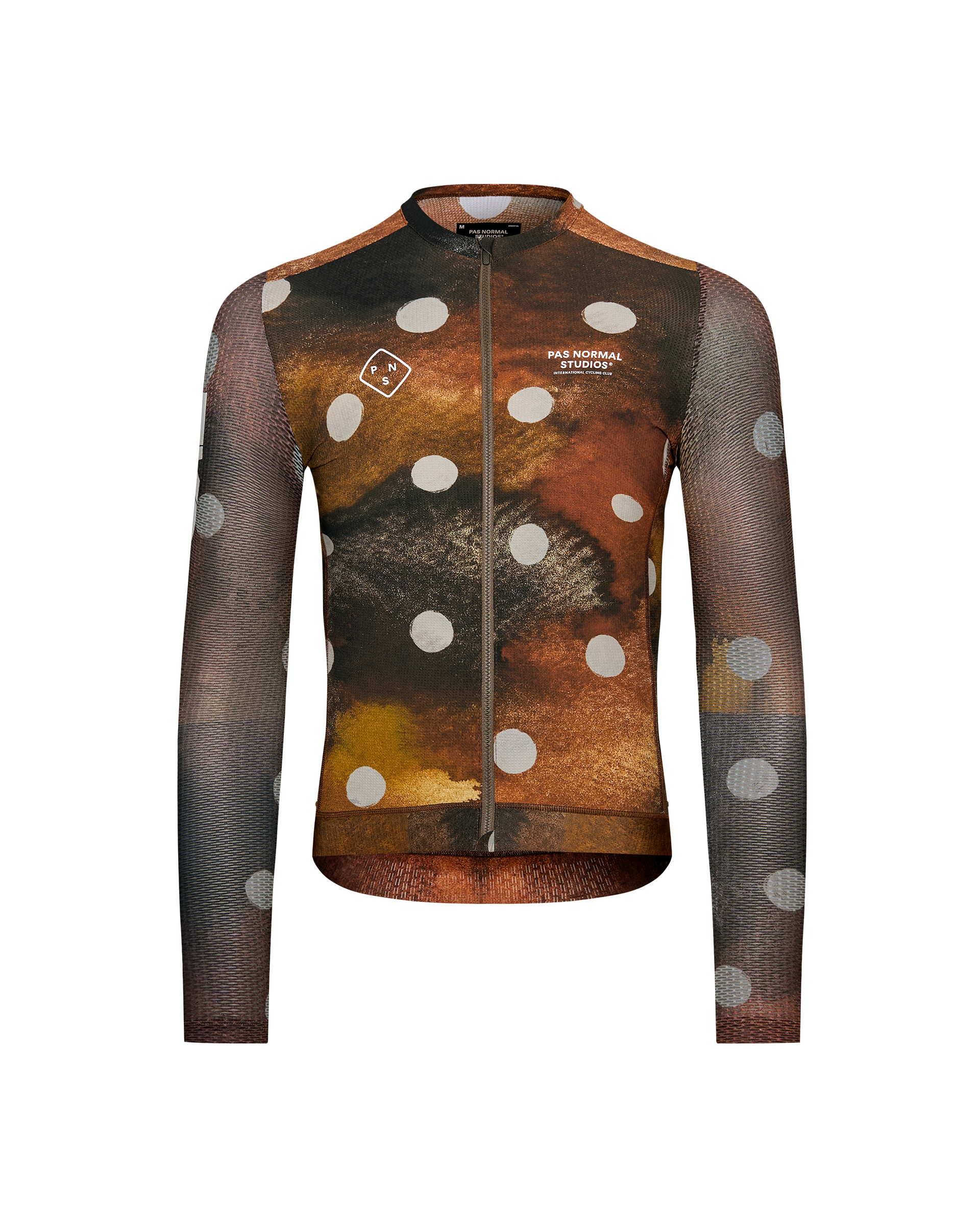 Brown T.K.O. Essential Light long sleeve cycling jersey, front view with white polka dot print