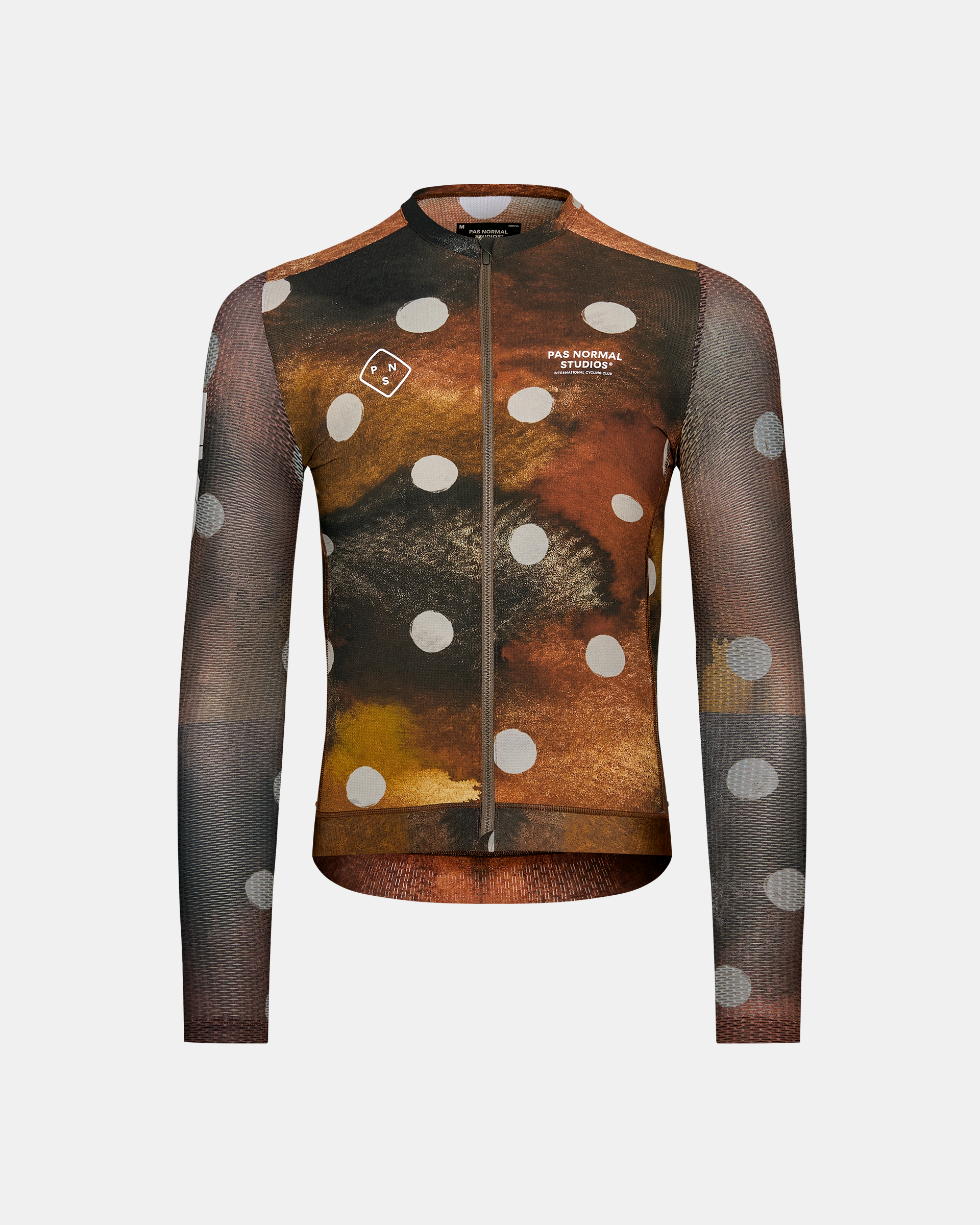 Brown T.K.O. Essential Light long sleeve cycling jersey, front view with white polka dot print