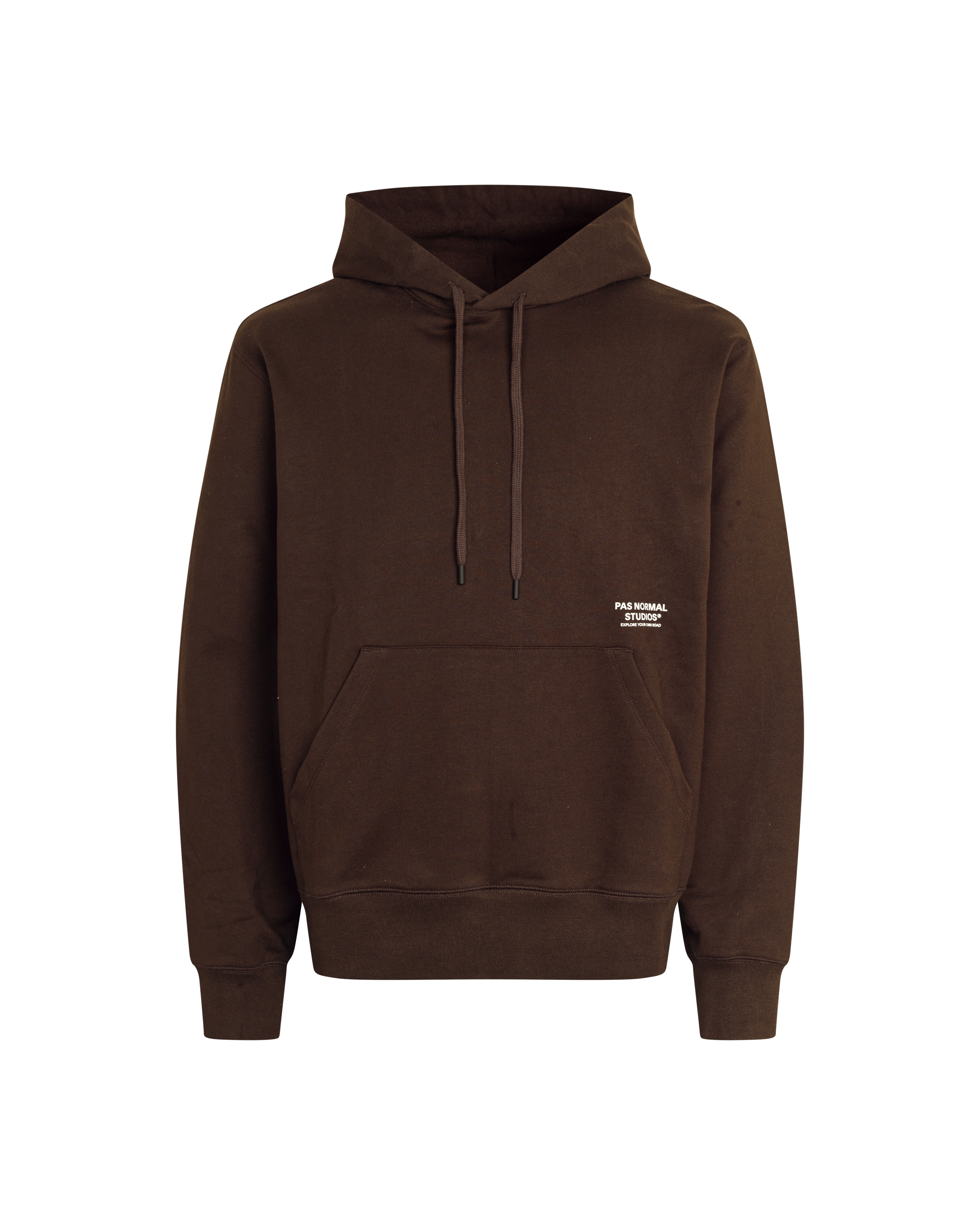 Light Brown Off-Race hoodie, front view with kangaroo pocket and white chest logo