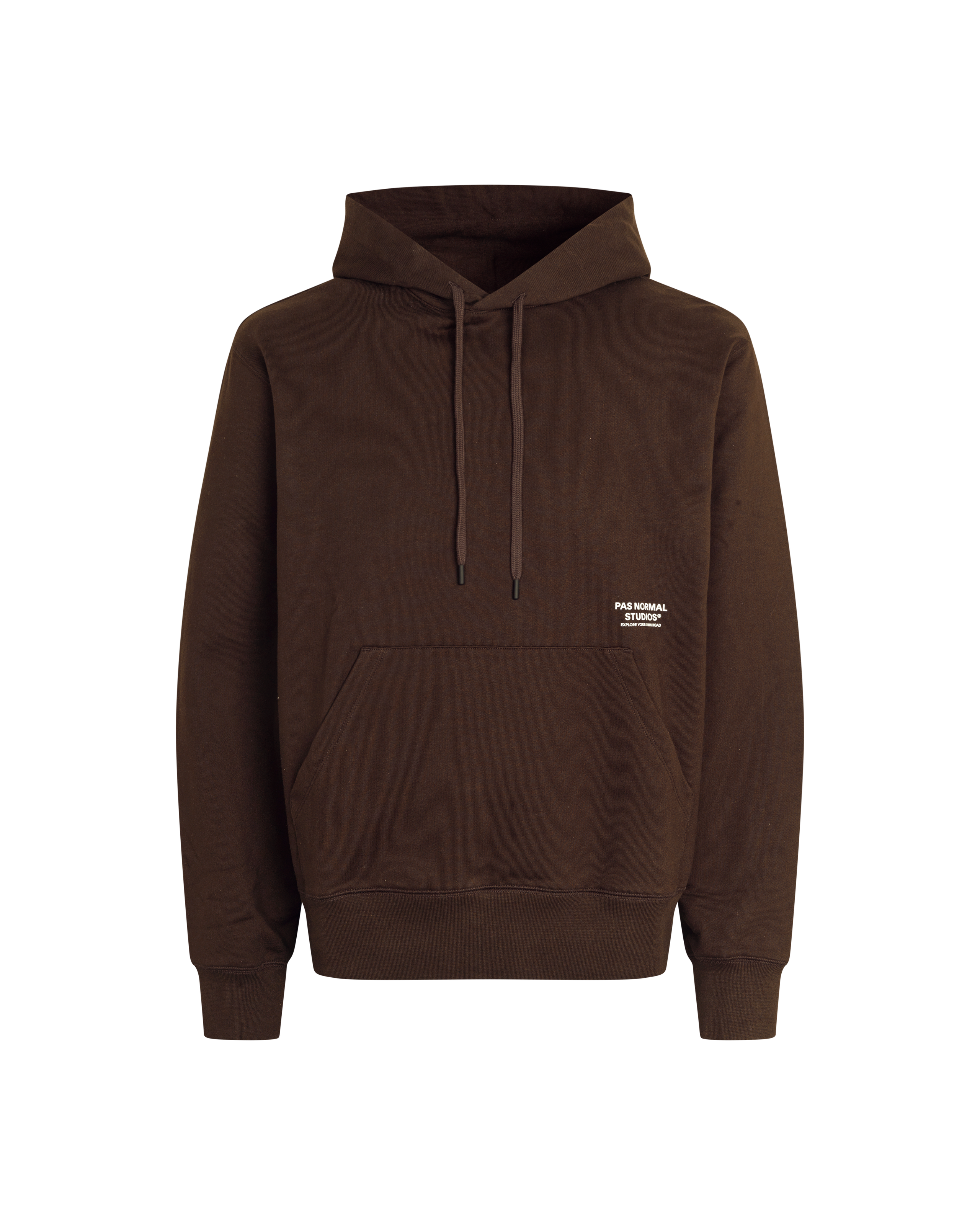 Light Brown Off-Race hoodie, front view with kangaroo pocket and white chest logo