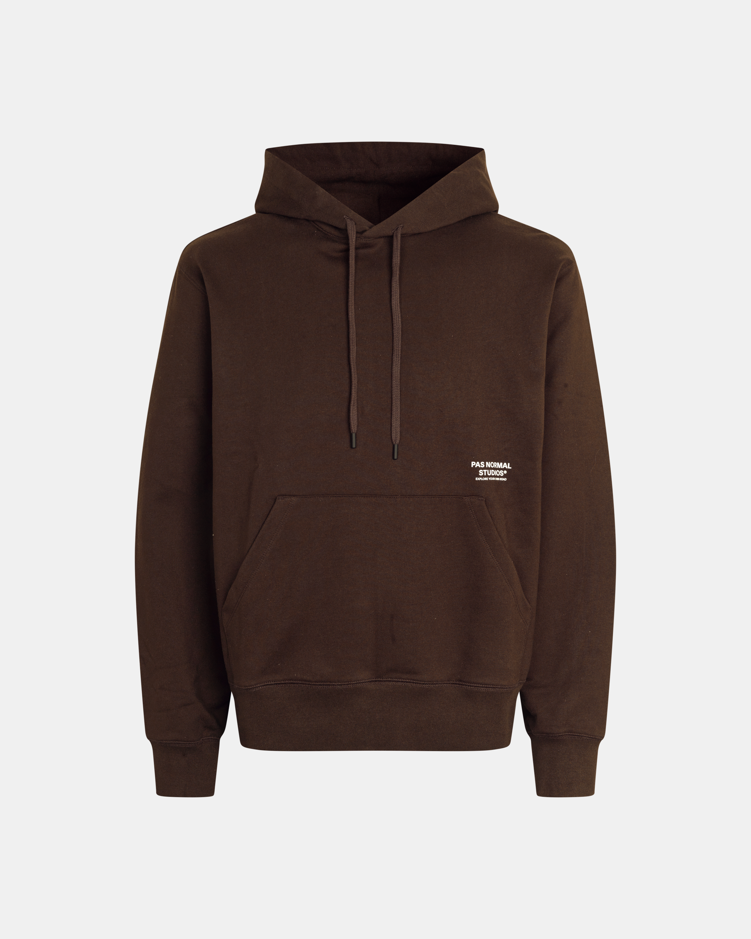 Light Brown Off-Race hoodie, front view with kangaroo pocket and white chest logo