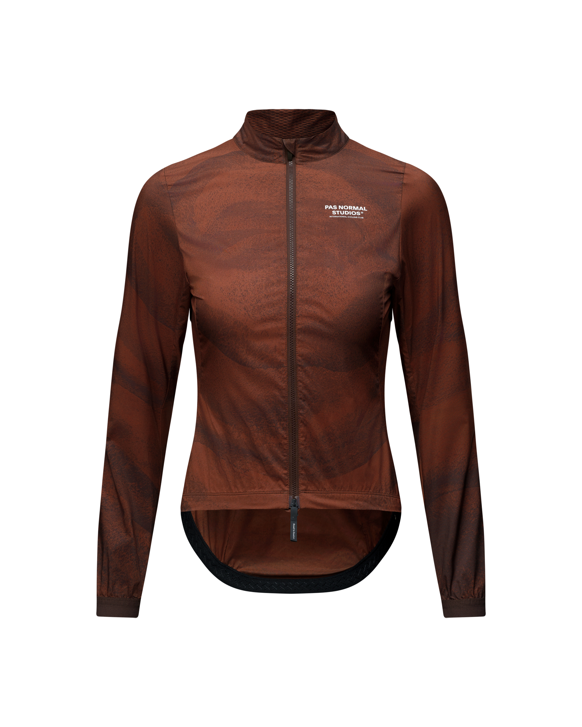 Brown Mechanism Stow Away cycling jacket, front view with full zip and white chest logo
