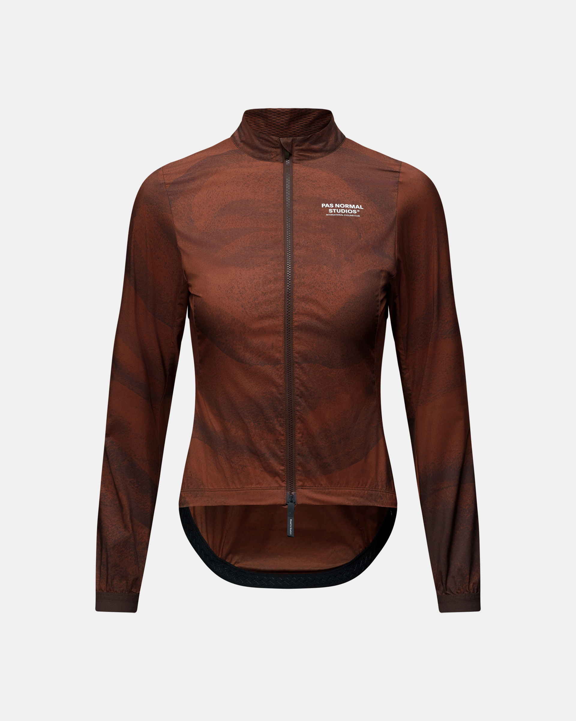 Brown Mechanism Stow Away cycling jacket, front view with full zip and white chest logo