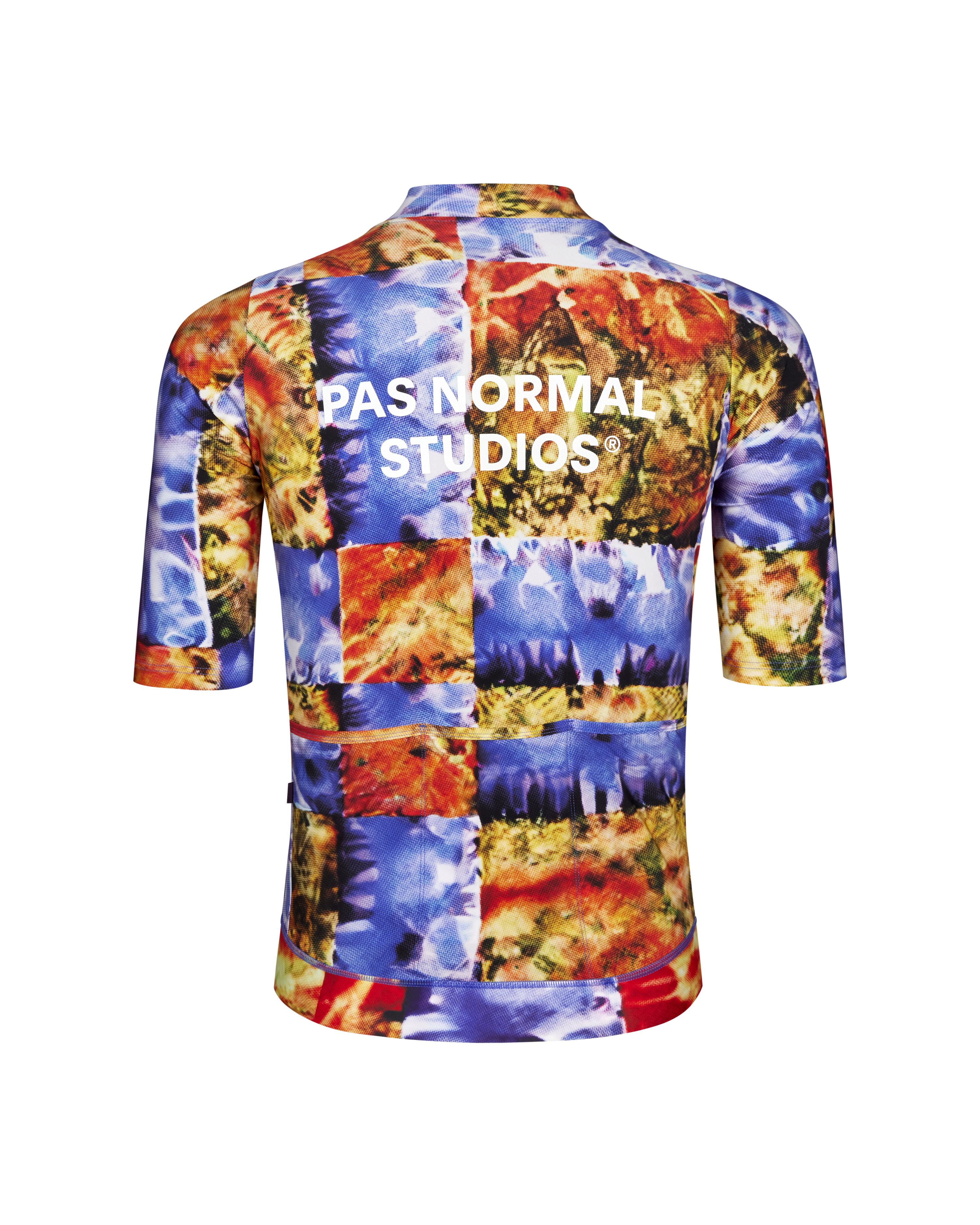 Multi Essential cycling jersey, rear view with kaleidoscope print and white chest logo
