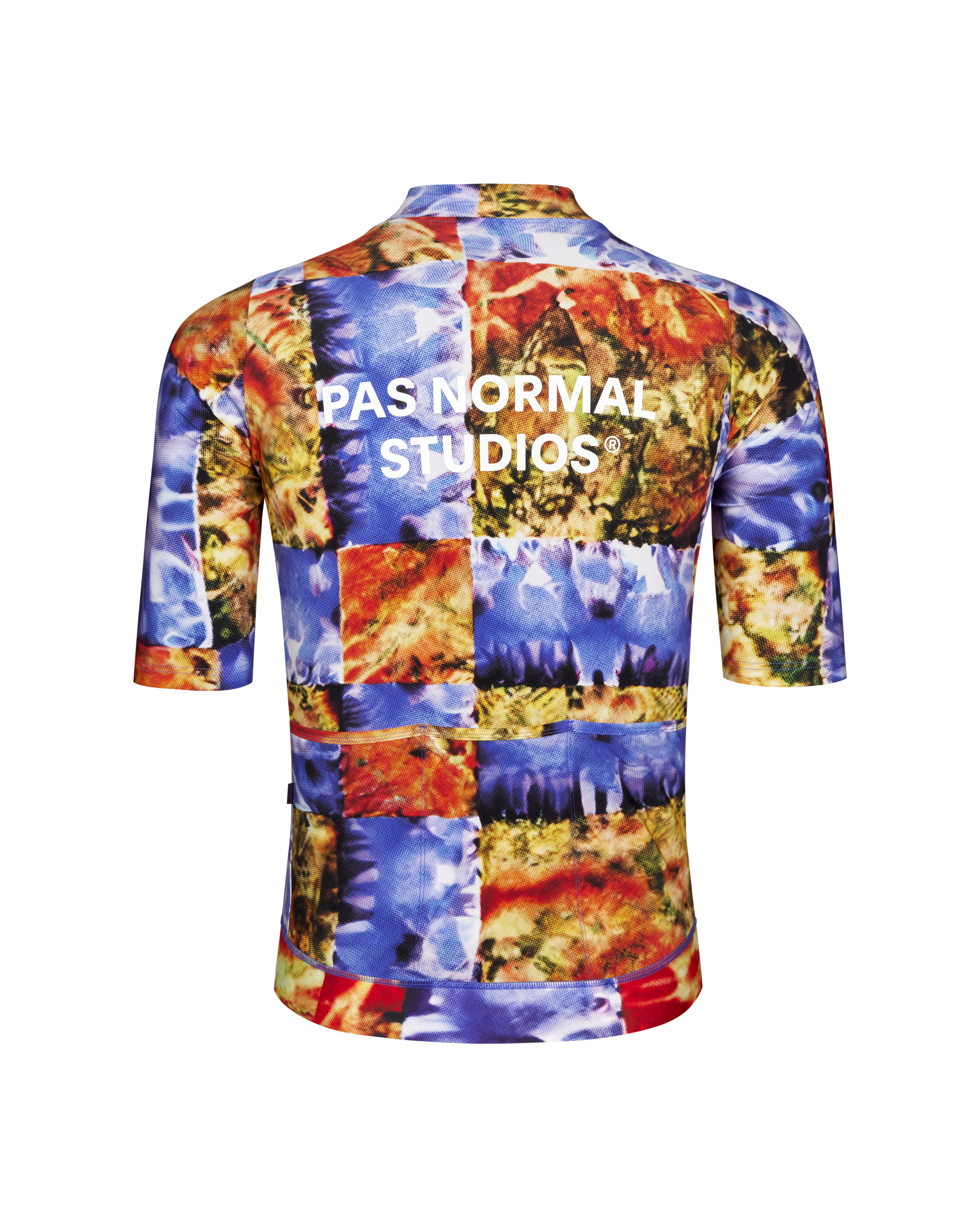 Multi Essential cycling jersey, rear view with kaleidoscope print and white chest logo