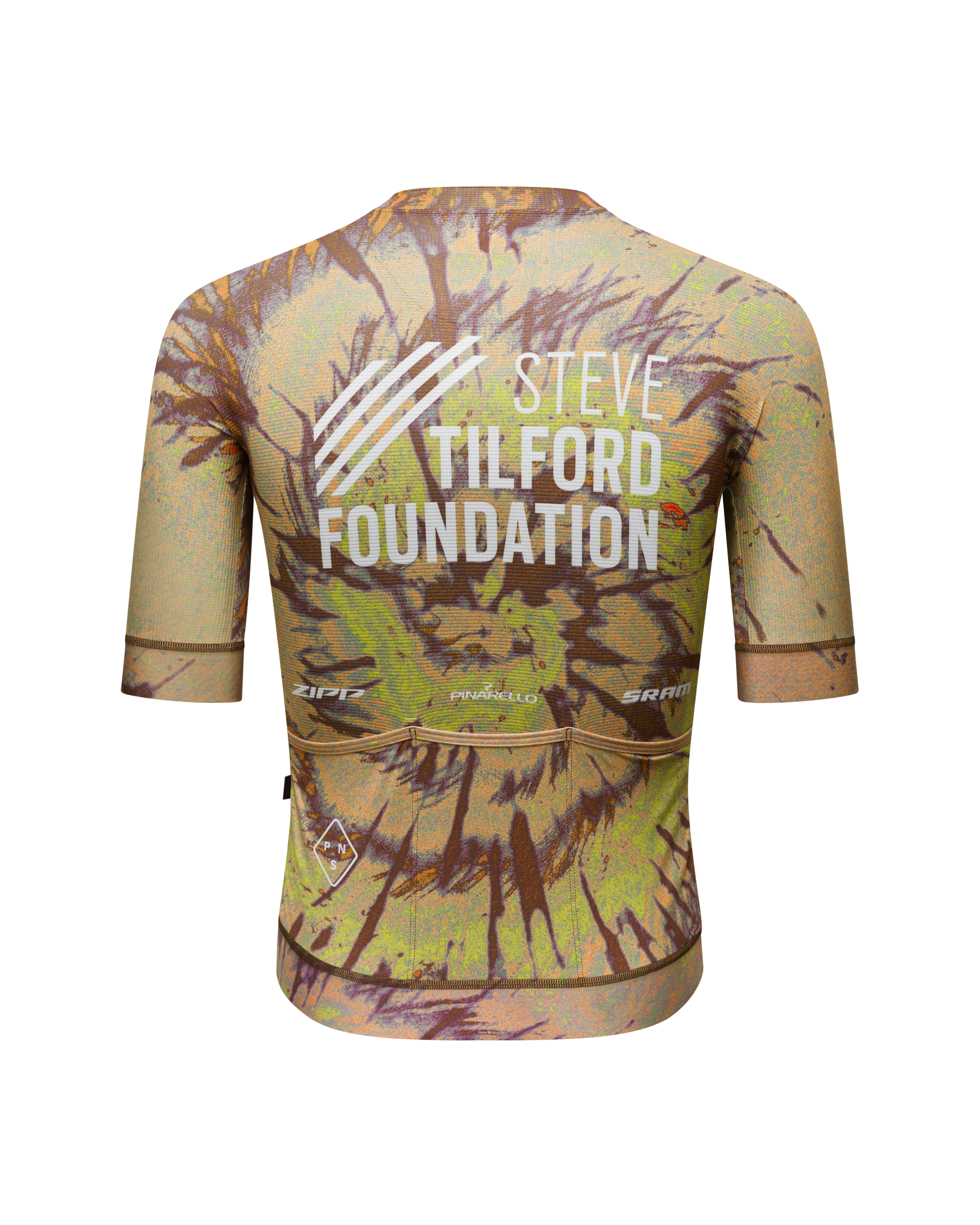 Beige STFR Mechanism cycling jersey, rear view with Steve Tilford Foundation white text print
