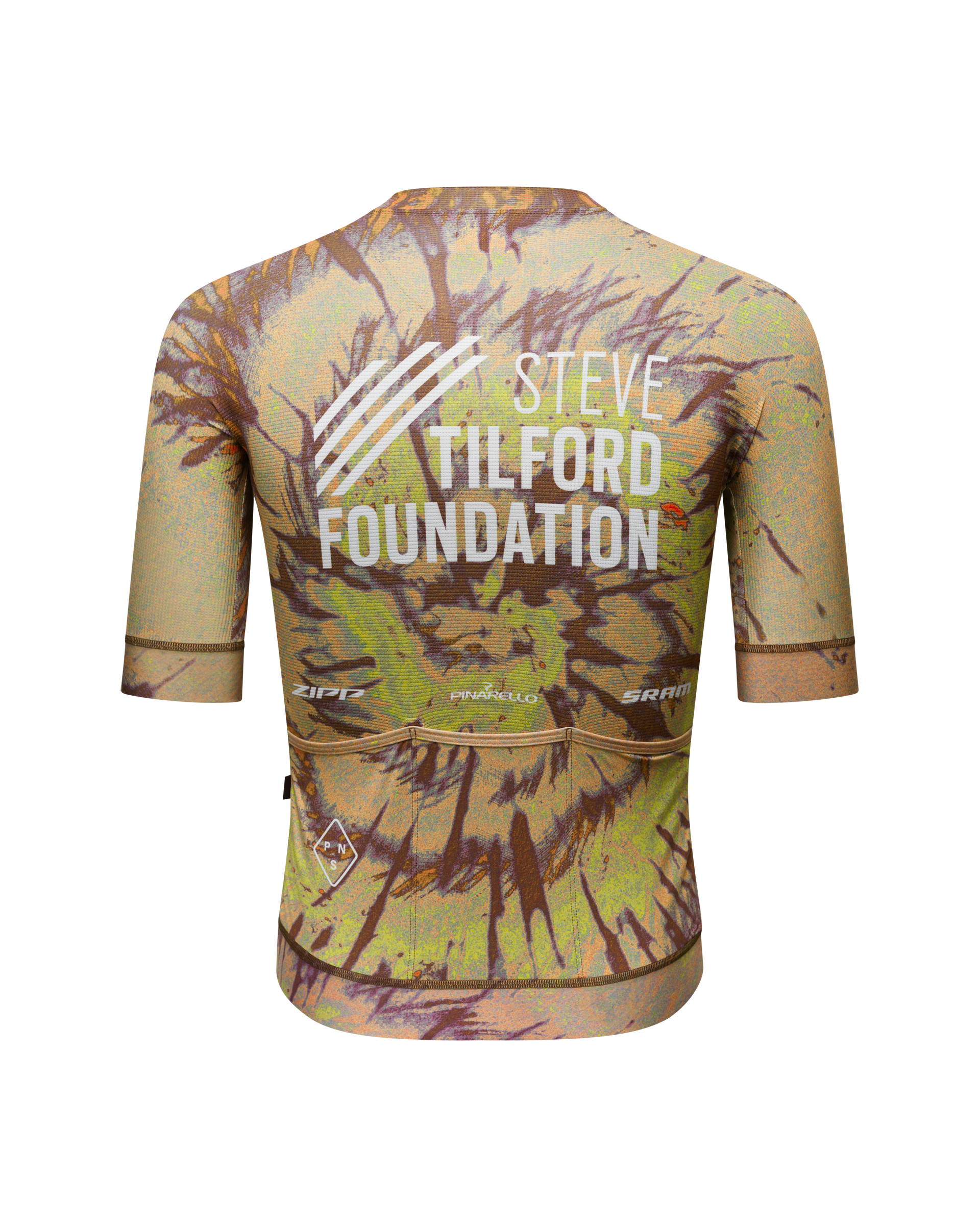 Beige STFR Mechanism cycling jersey, rear view with Steve Tilford Foundation white text print