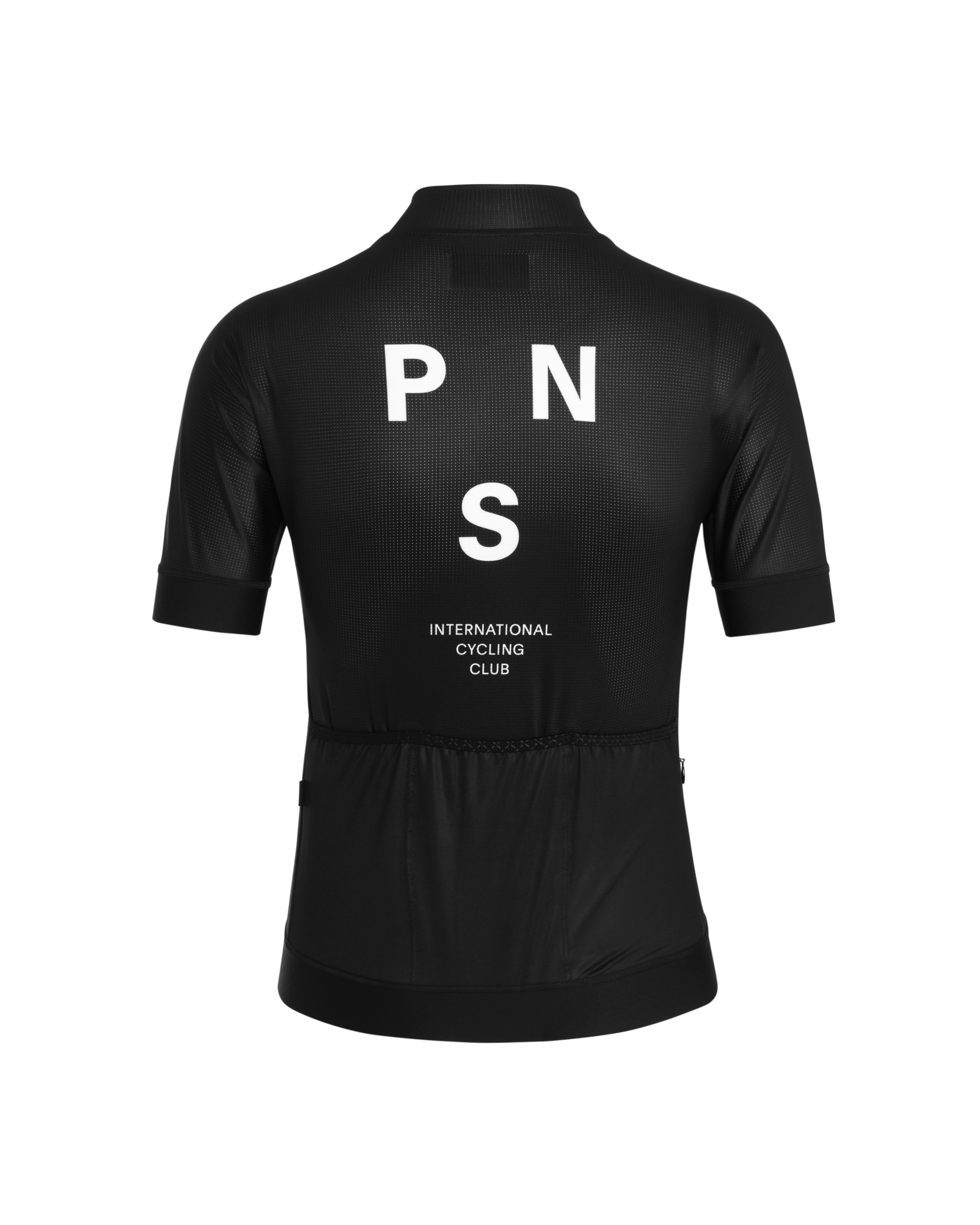 Black Mechanism cycling jersey, rear view with white PNS logo and International Cycling Club text